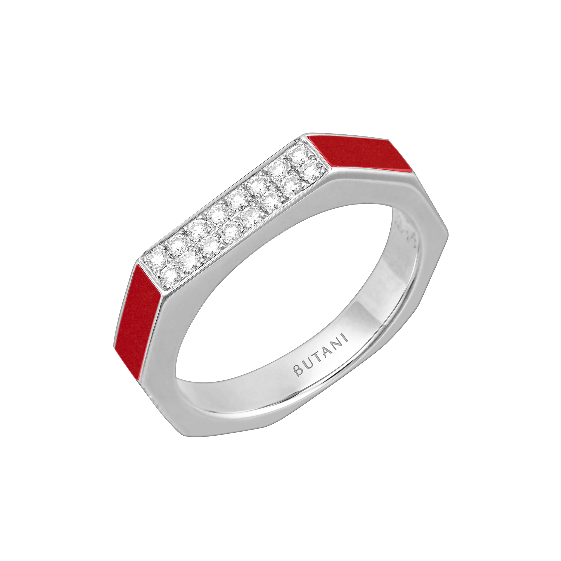 Nova Slim Diamond Ring with Red Coral In 18K White Gold