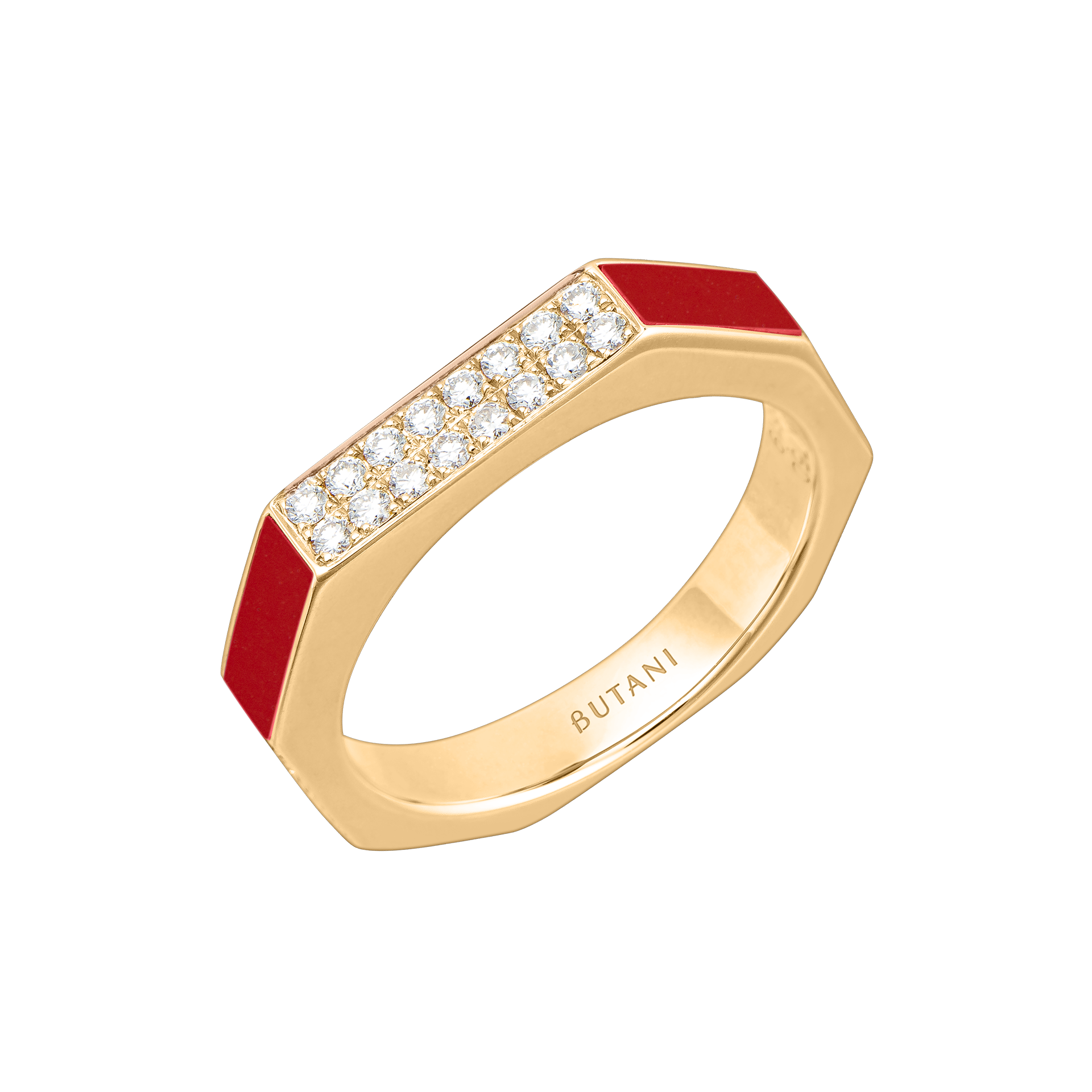Nova Slim Diamond Ring with Red Coral In 18K Yellow Gold