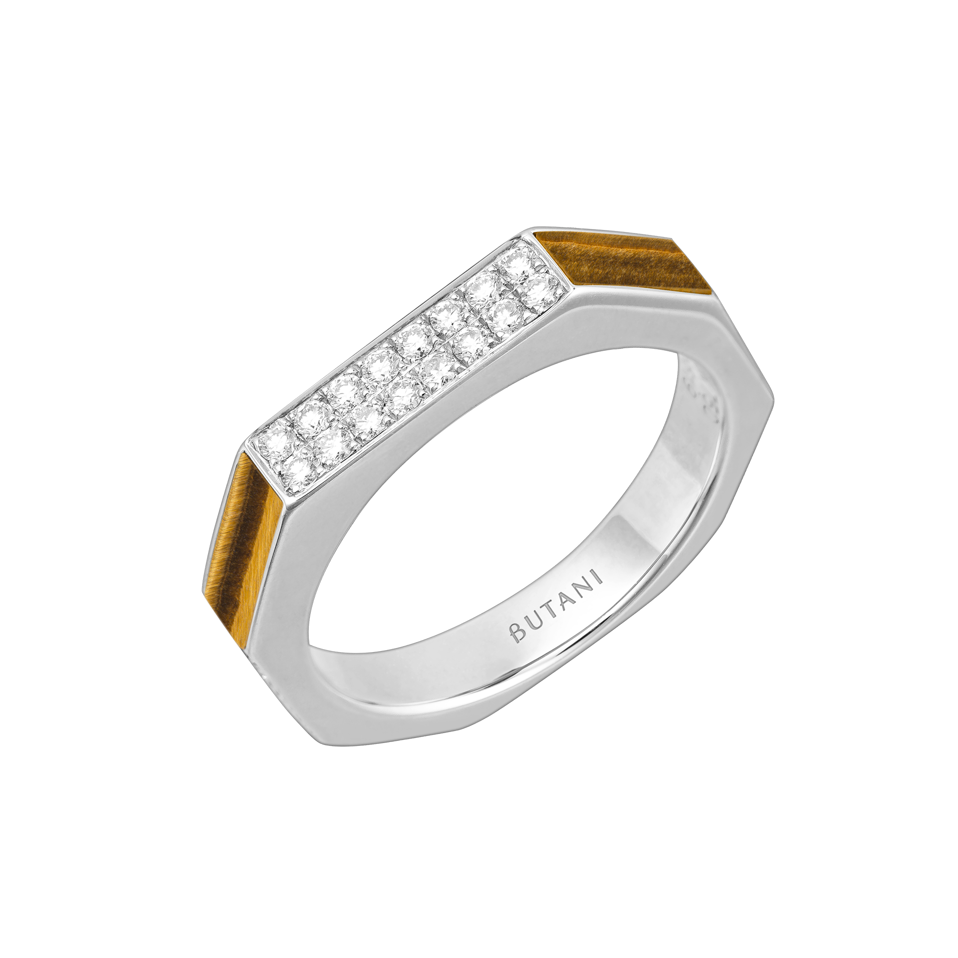 Nova Slim Diamond Ring with Tiger Eye In 18K White Gold