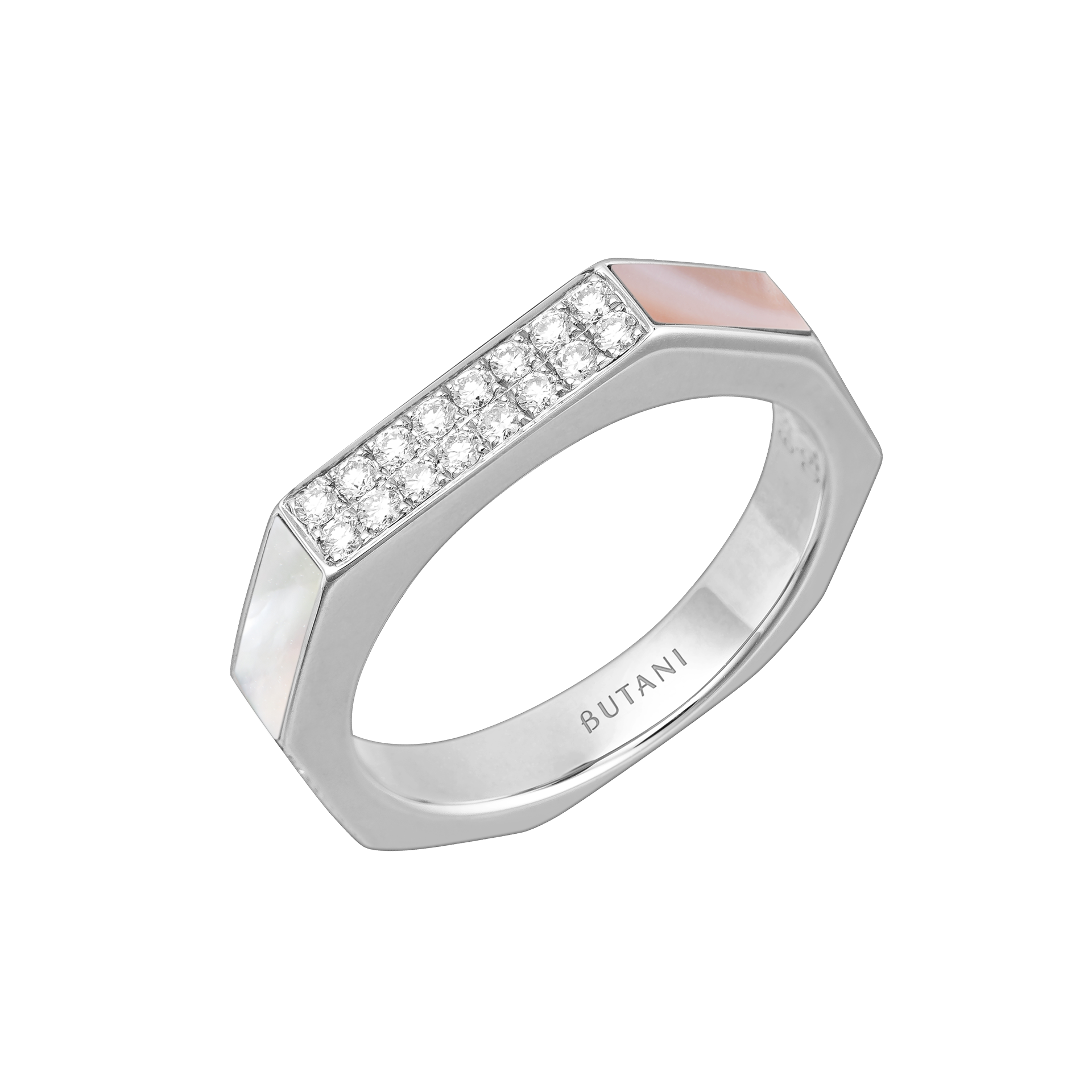 Nova Slim Diamond Ring with White and Pink Mother of Pearl In 18K White Gold