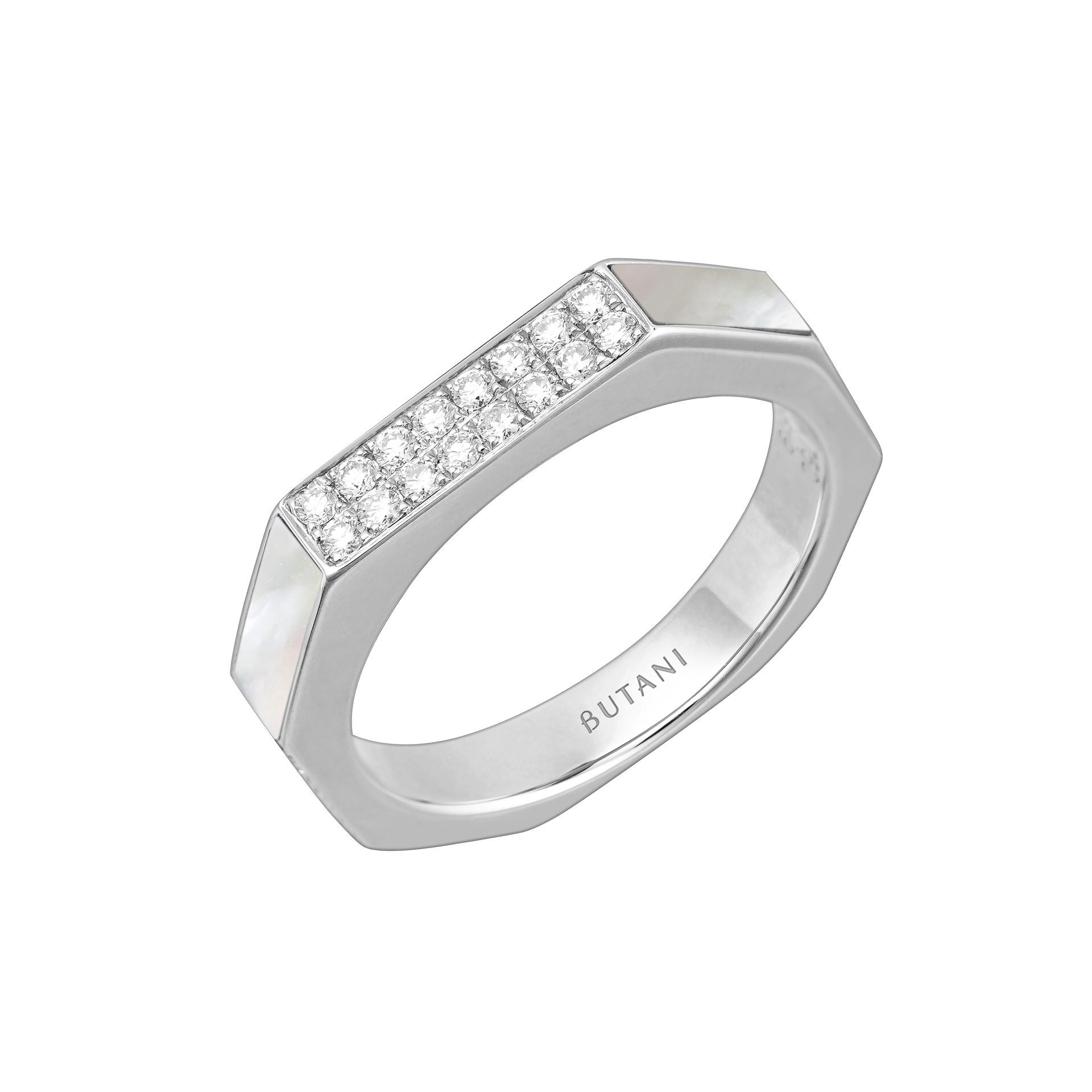 Nova Slim Diamond Ring with White Mother of Pearl In 18K White Gold