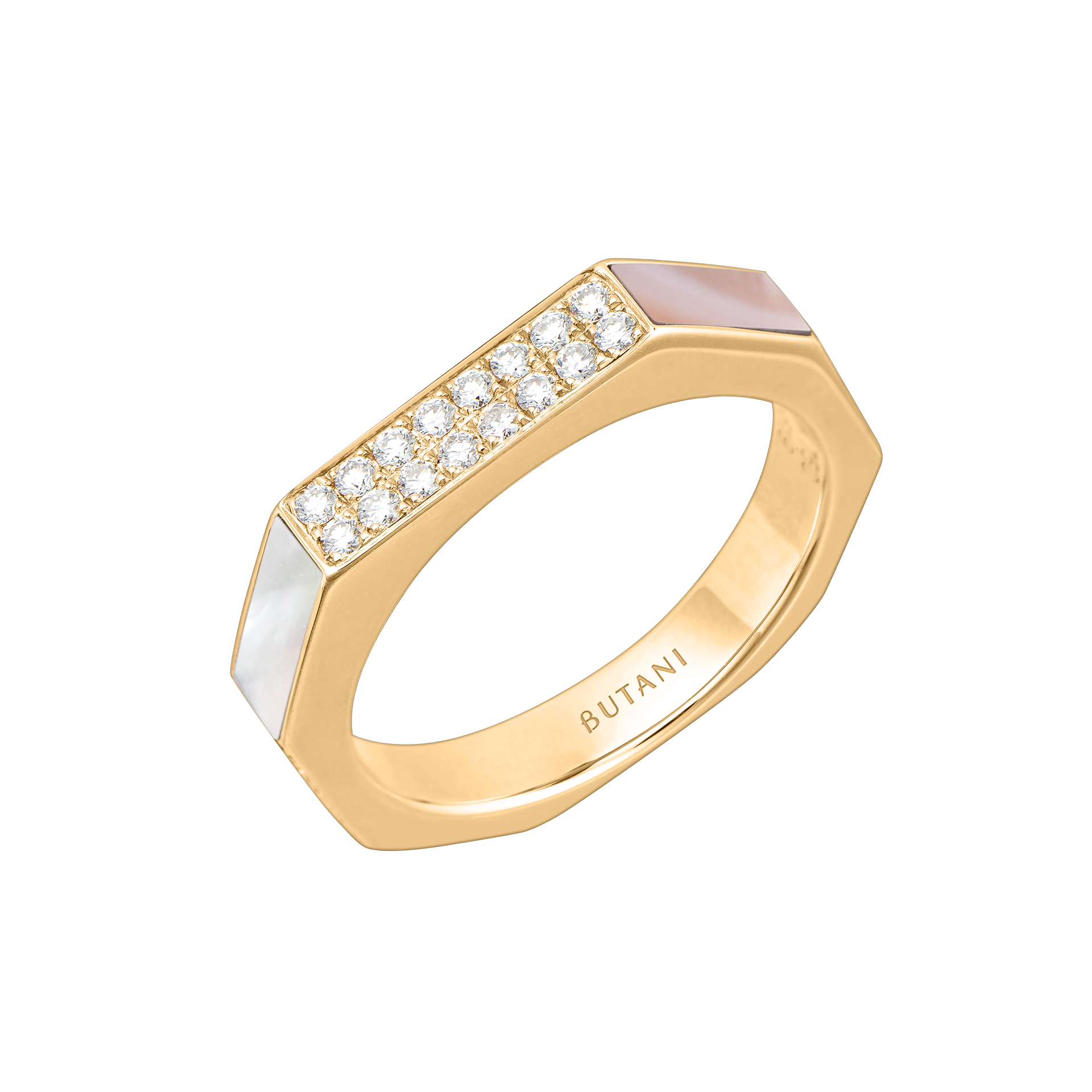 Nova Slim Diamond Ring with White and Pink Mother of Pearl In 18K Yellow Gold