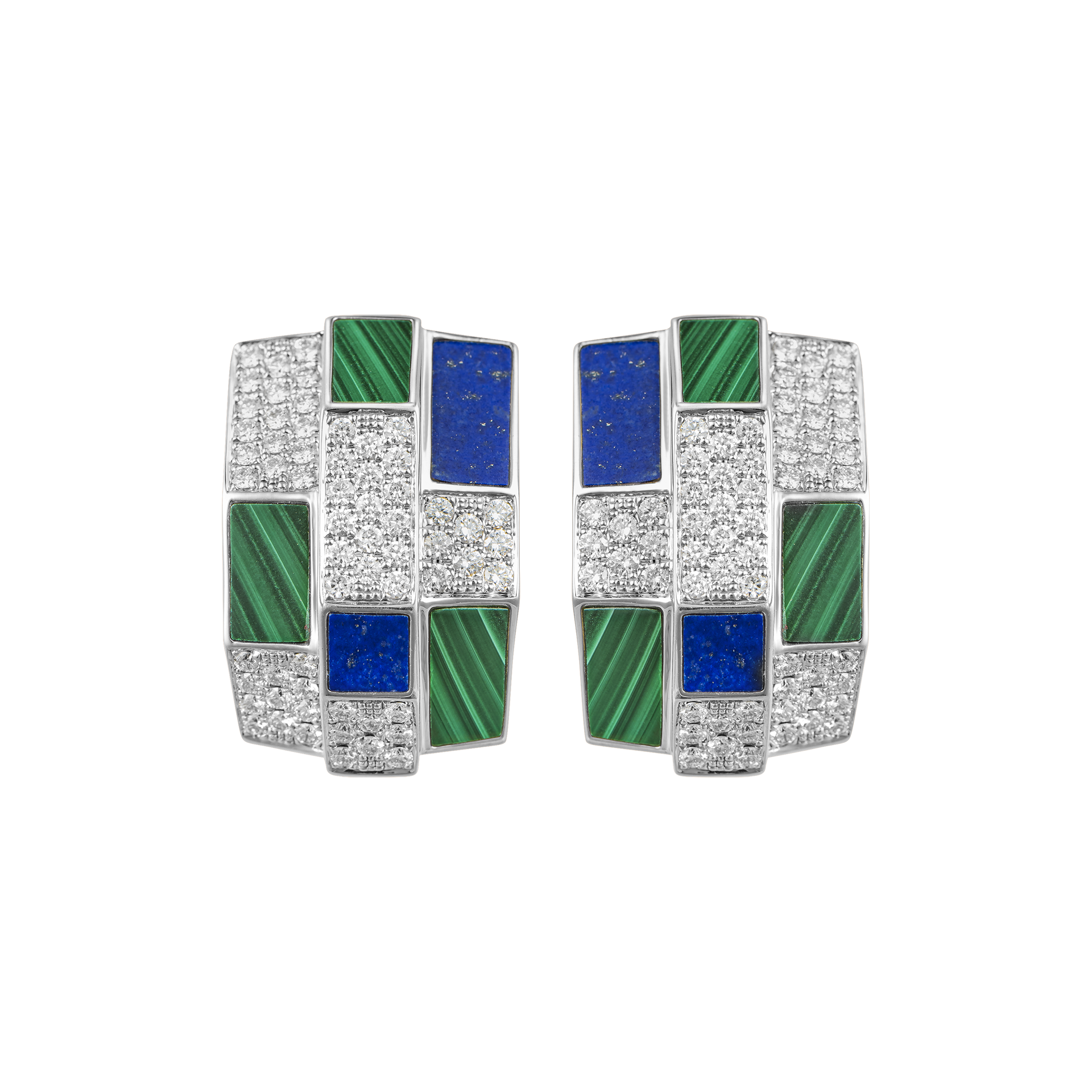 Nova Opera Earrings with Lapis Lazuli, Malachite and Diamond In 18K White Gold