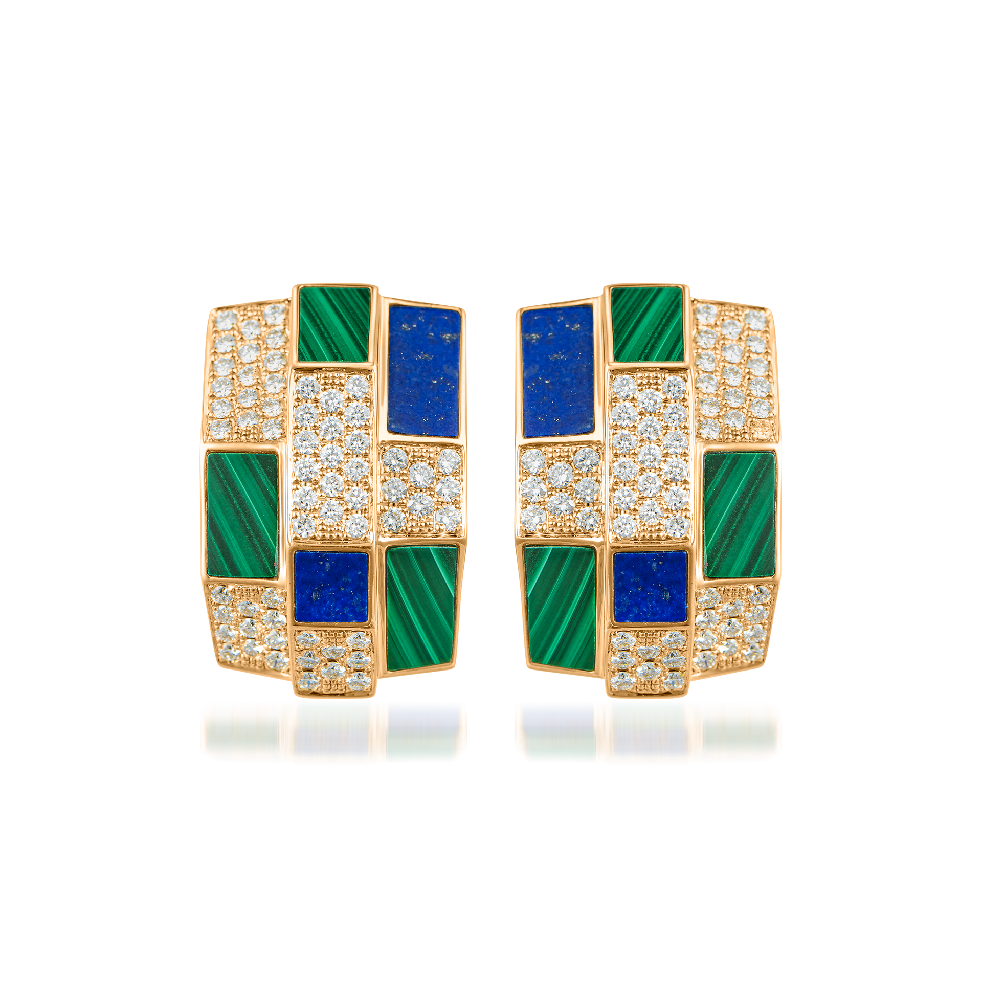 Nova Opera Earrings with Lapis Lazuli, Malachite and Diamond In 18K Yellow Gold