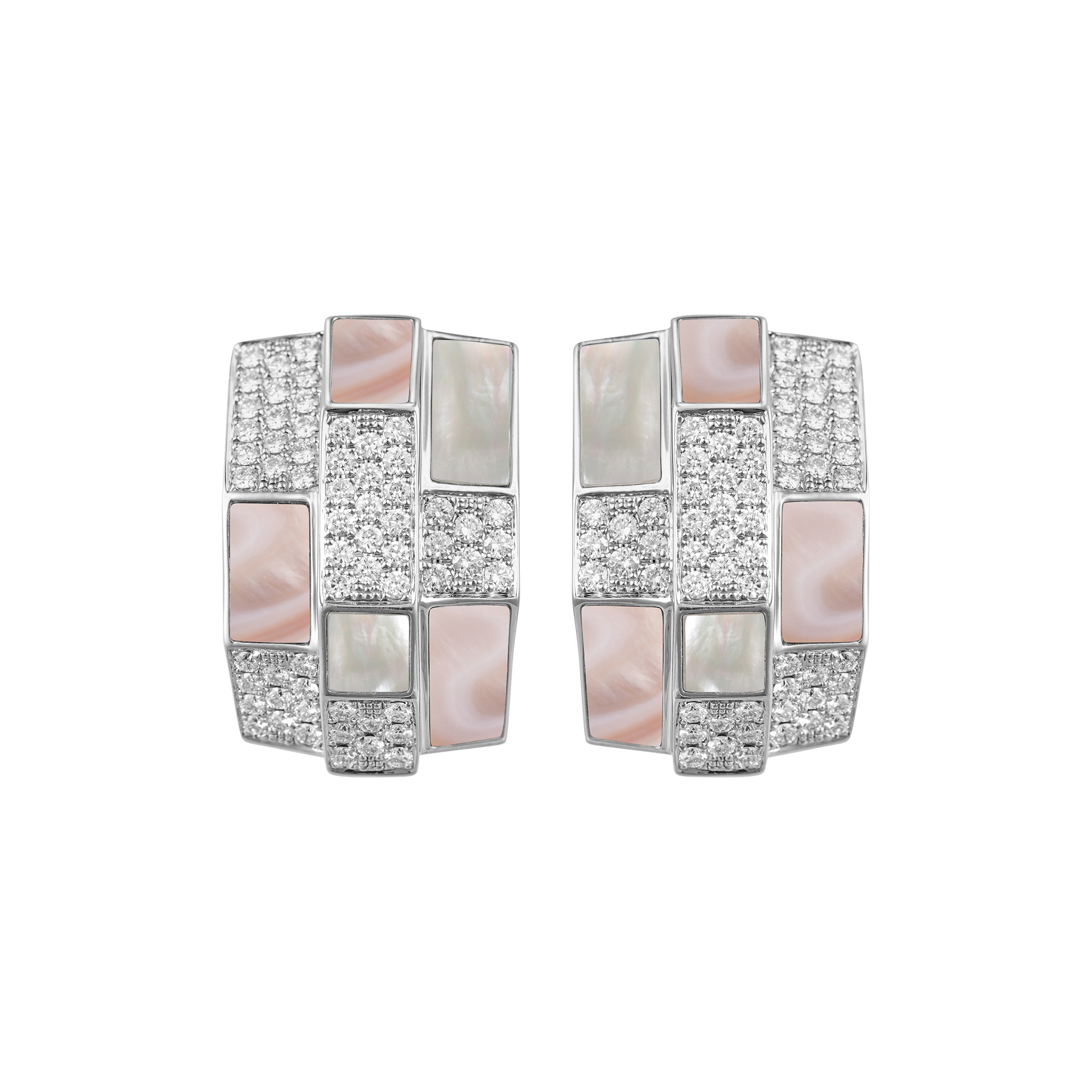 Nova Opera Earrings with White Mother of Pearl, Pink Mother of Pearl and Diamond In 18K White Gold