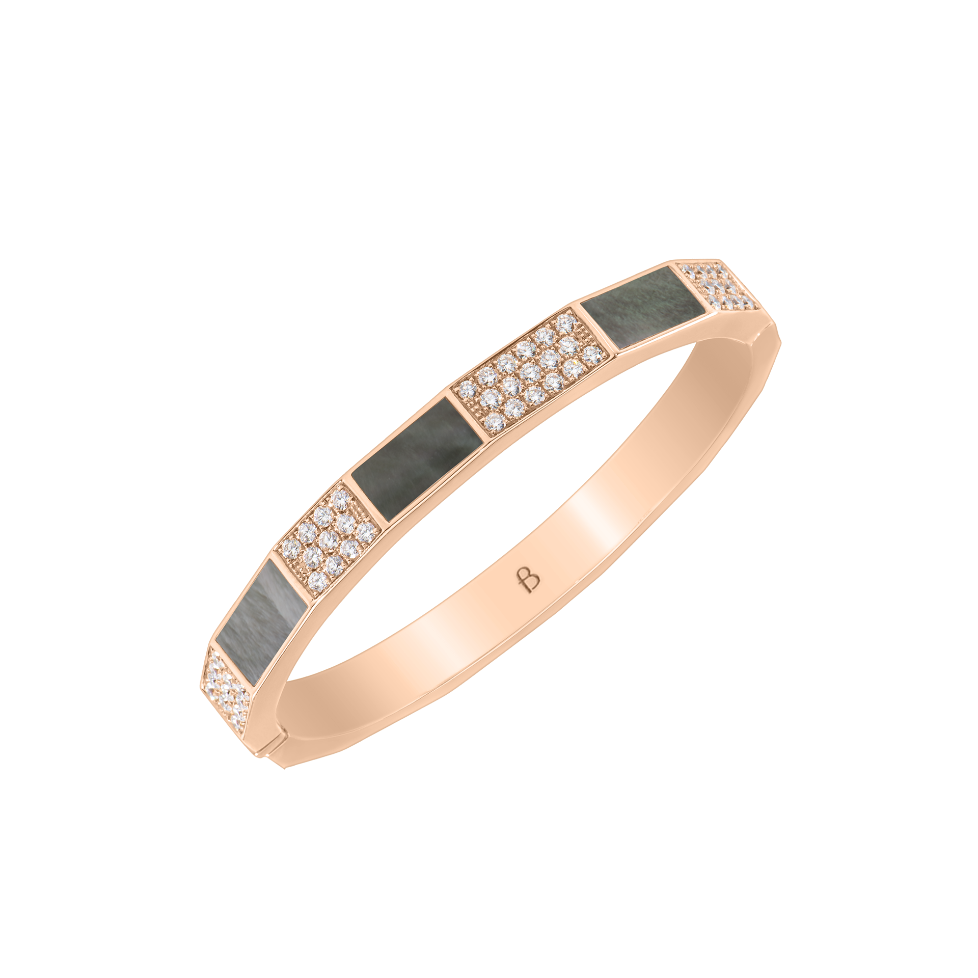 Nova Wide Grey Mother of Pearl and Diamond Hinged Bangle In 18K Rose Gold