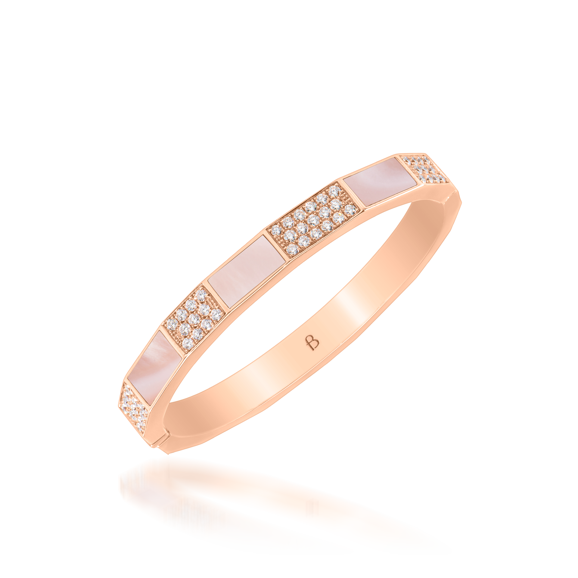 Nova Wide Pink Mother of Pearl and Diamond Hinged Bangle In 18K Rose Gold