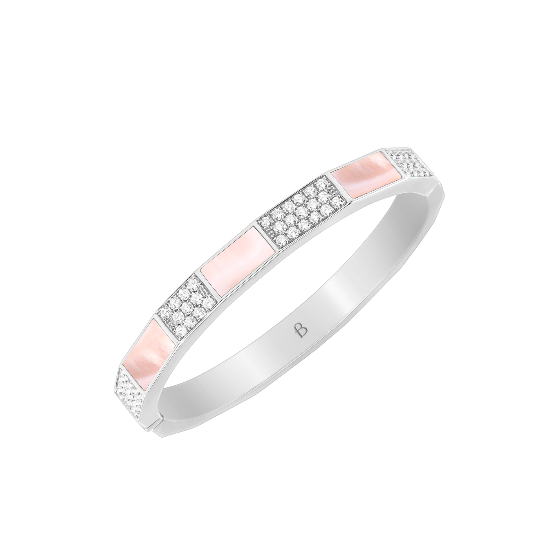 Nova Wide Pink Mother of Pearl and Diamond Hinged Bangle In 18K White Gold
