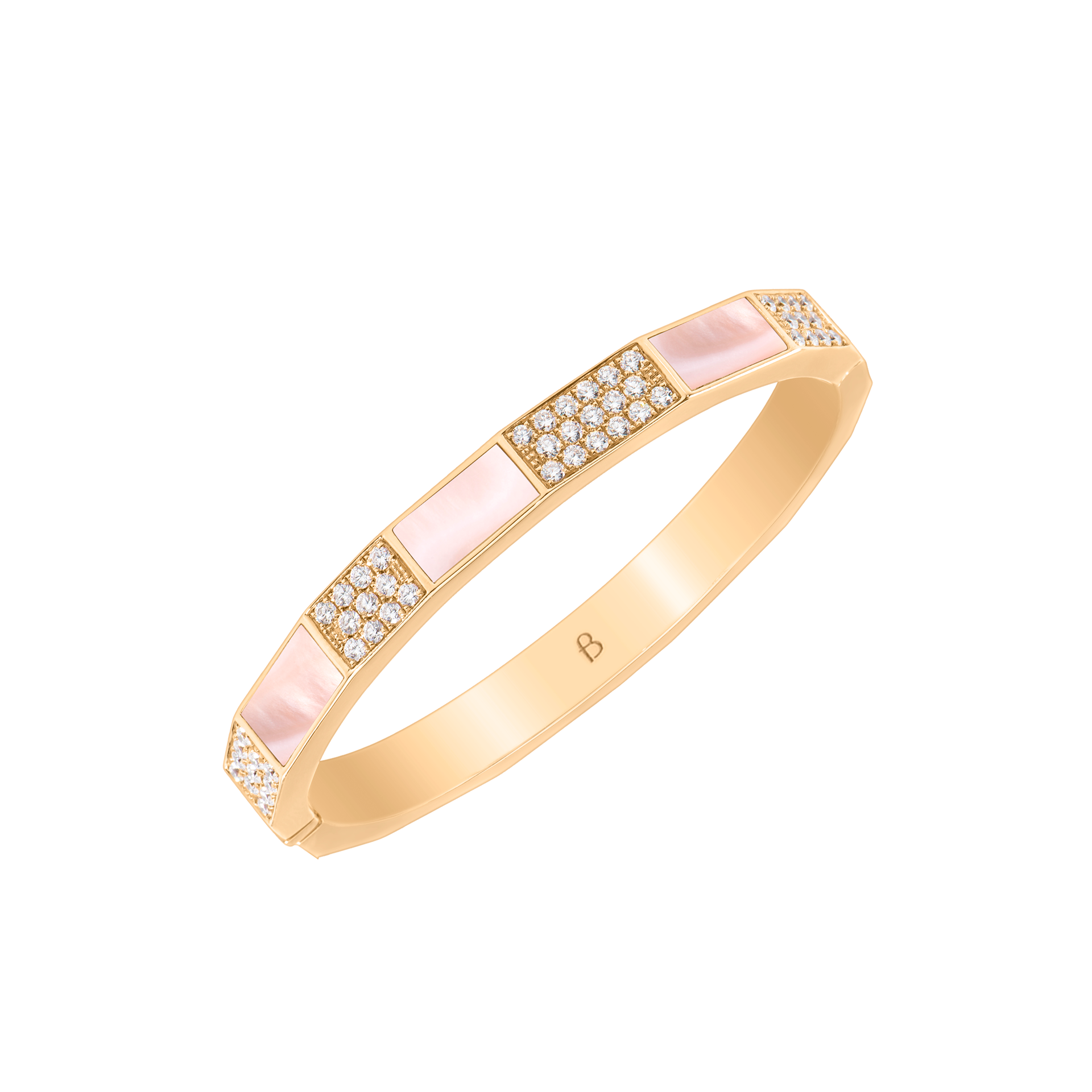 Nova Wide Pink Mother of Pearl and Diamond Hinged Bangle In 18K Yellow Gold