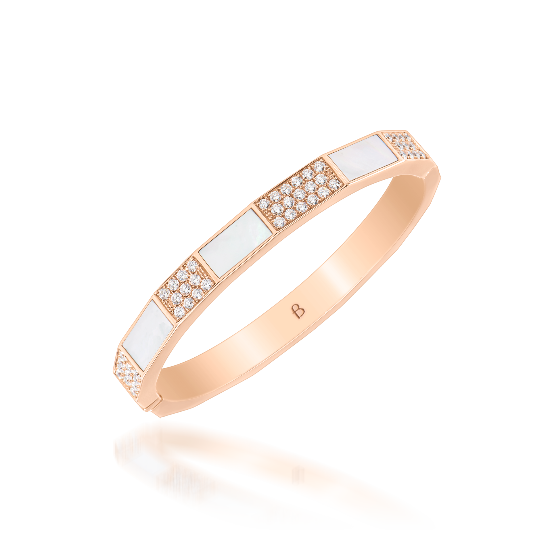 Nova Wide White Mother of Pearl and Diamond Hinged Bangle In 18K Rose Gold
