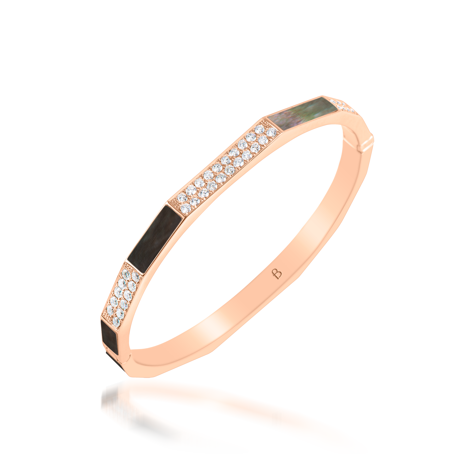 Nova Grey Mother of Pearl and Diamond Hinged Bangle In 18K Rose Gold