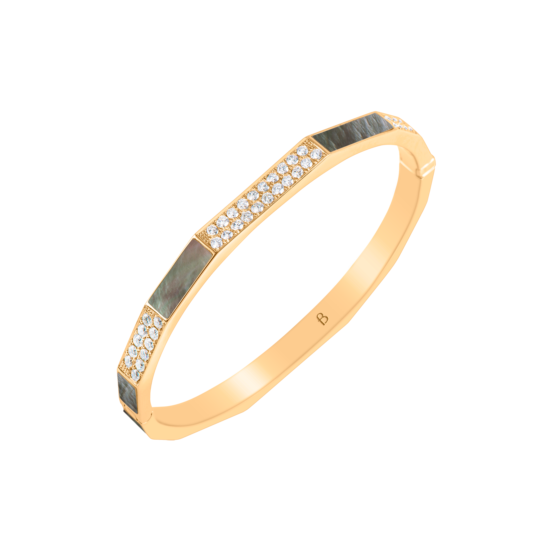 Nova Grey Mother of Pearl and Diamond Hinged Bangle In 18K Yellow Gold