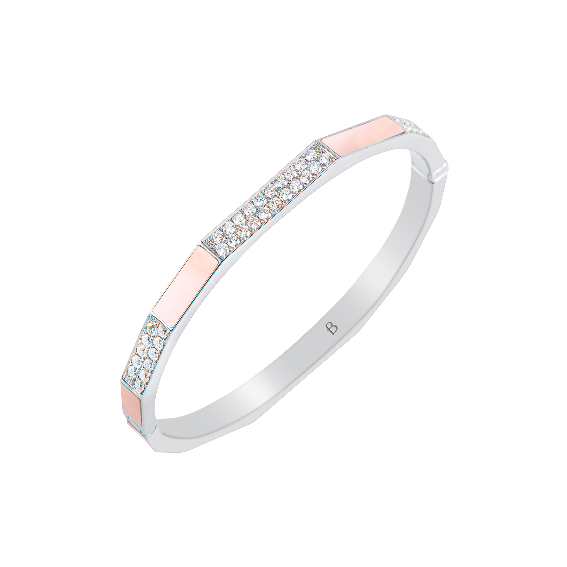 Nova Pink Mother of Pearl and Diamond Hinged Bangle In 18K White Gold