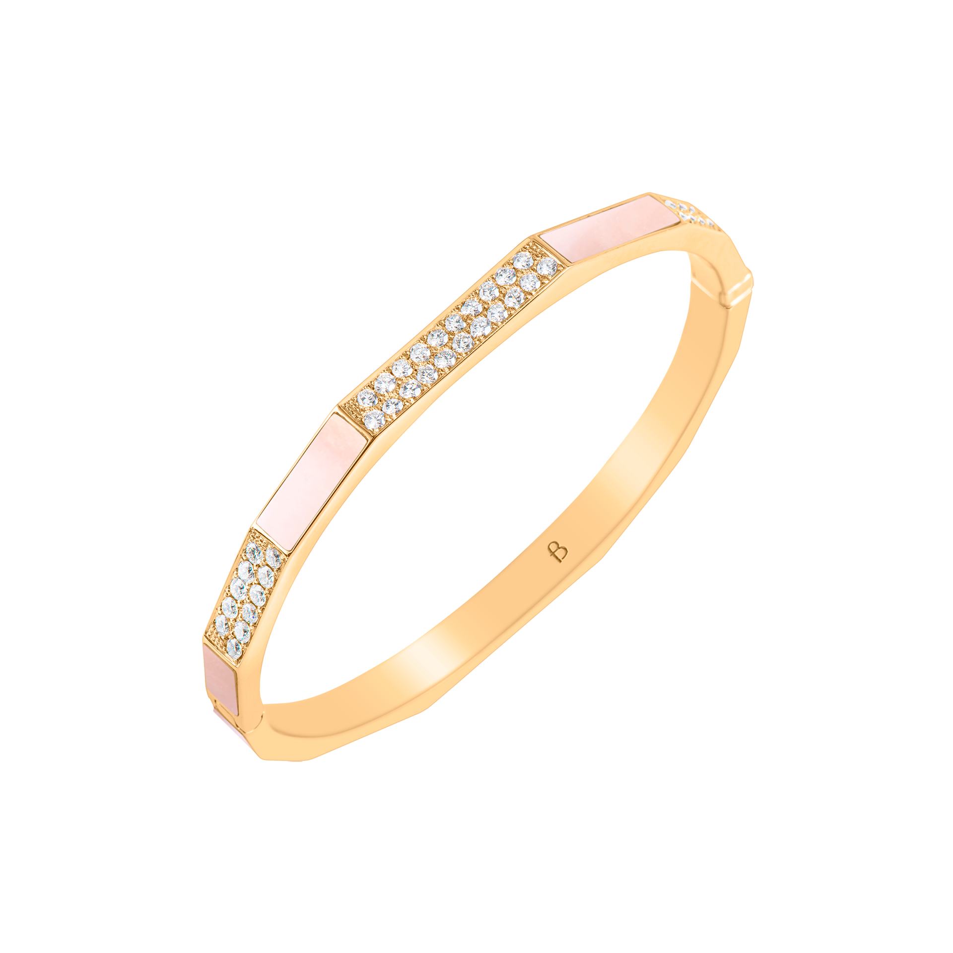 Nova Pink Mother of Pearl and Diamond Hinged Bangle In 18K Yellow Gold