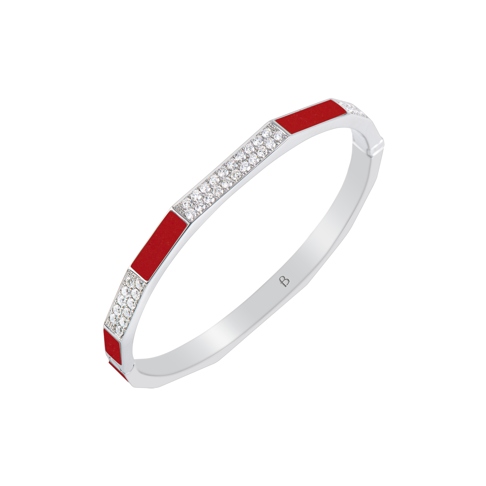 Nova Red Coral and Diamond Hinged Bangle In 18K White Gold