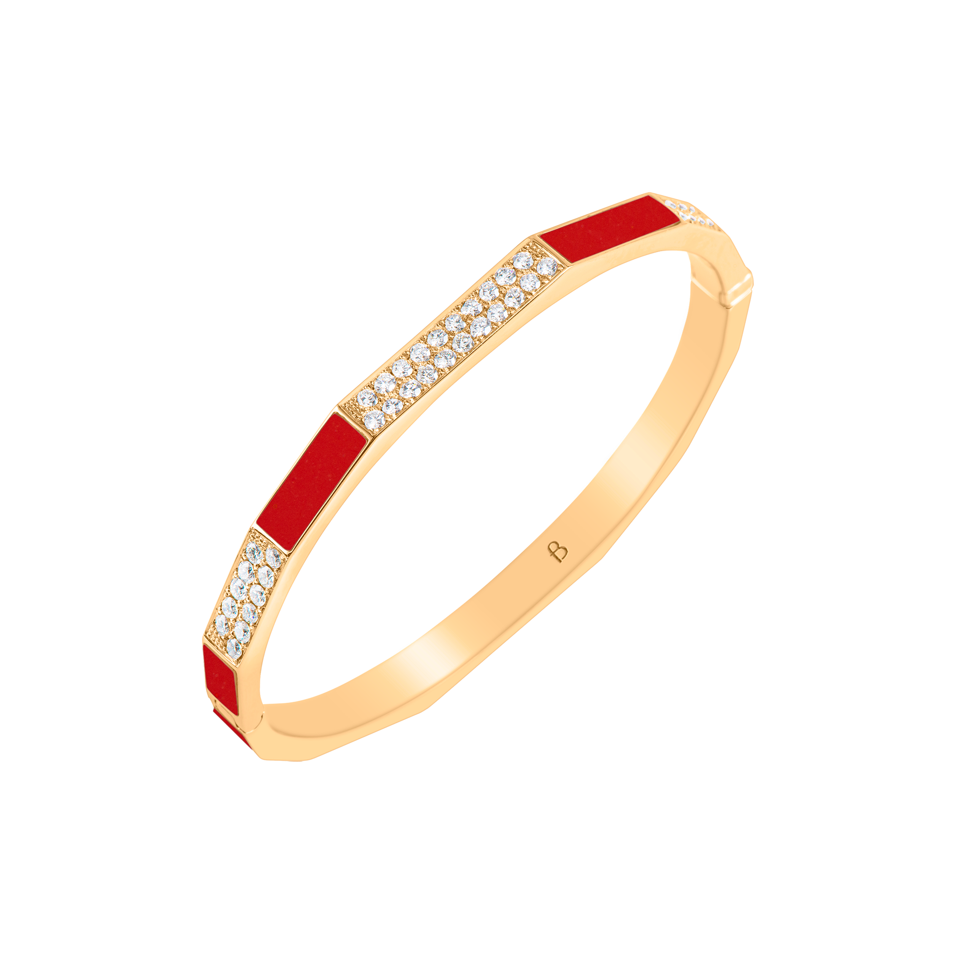 Nova Red Coral and Diamond Hinged Bangle In 18K Yellow Gold