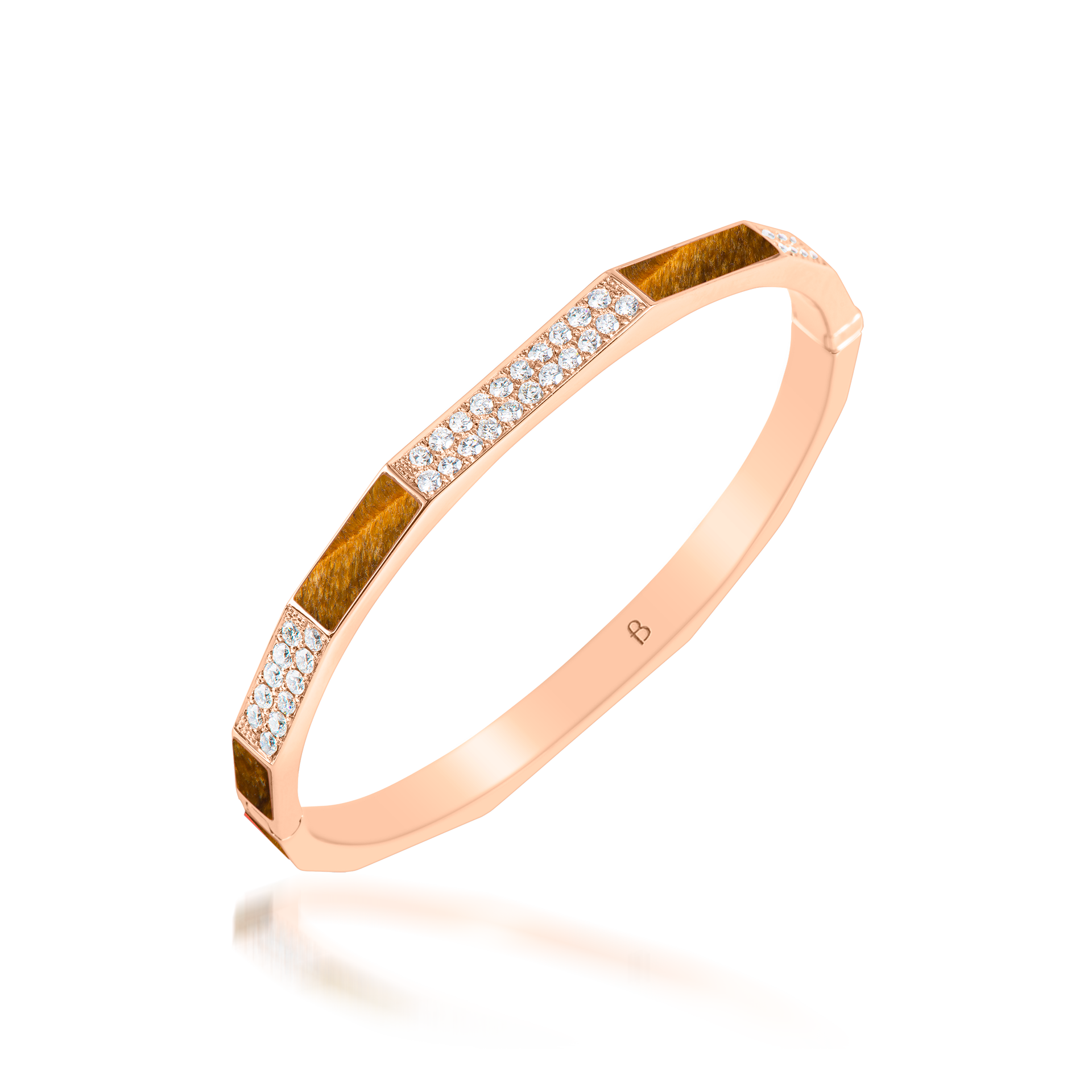 Nova Tiger Eye and Diamond Hinged Bangle In 18K Rose Gold