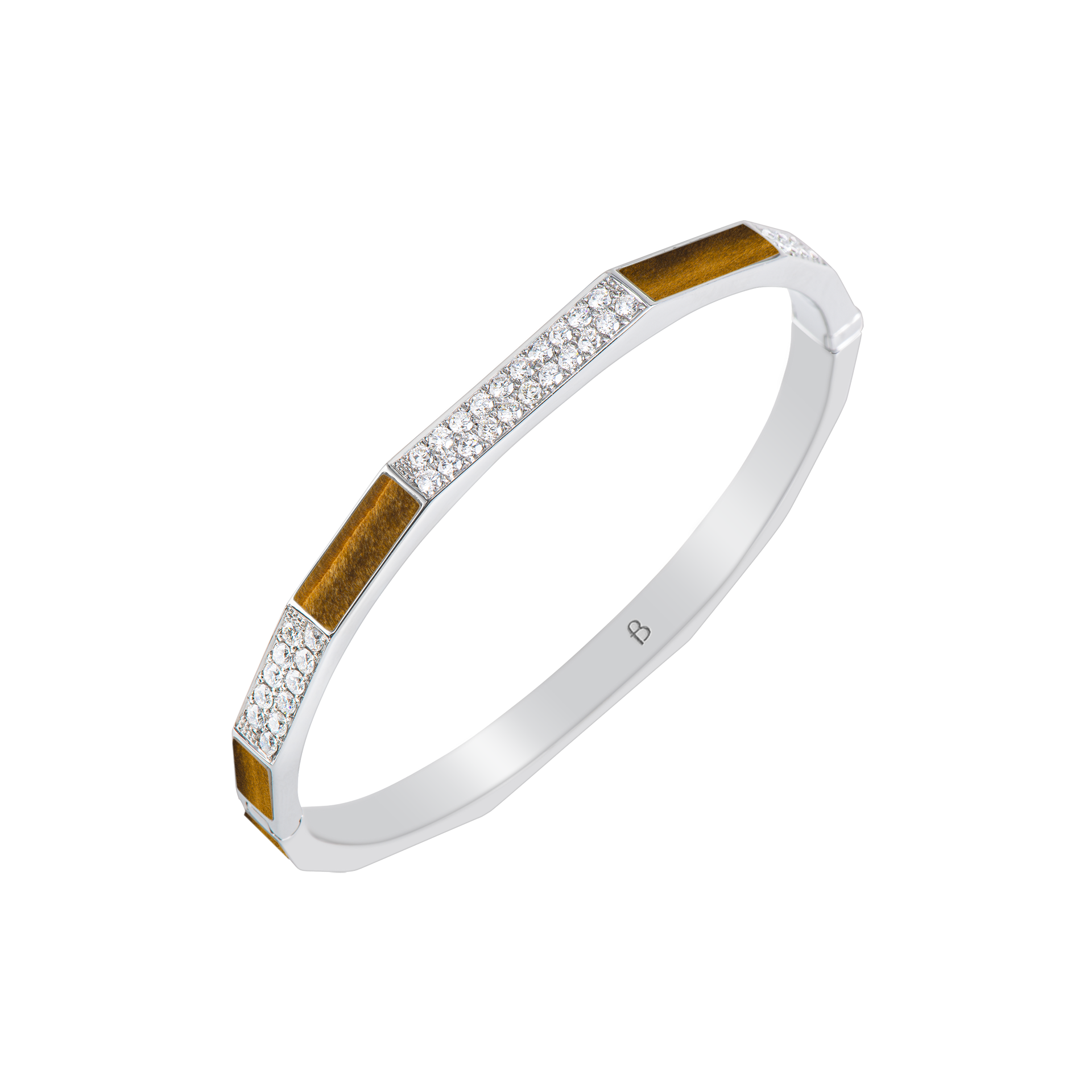 Nova Tiger Eye and Diamond Hinged Bangle In 18K White Gold