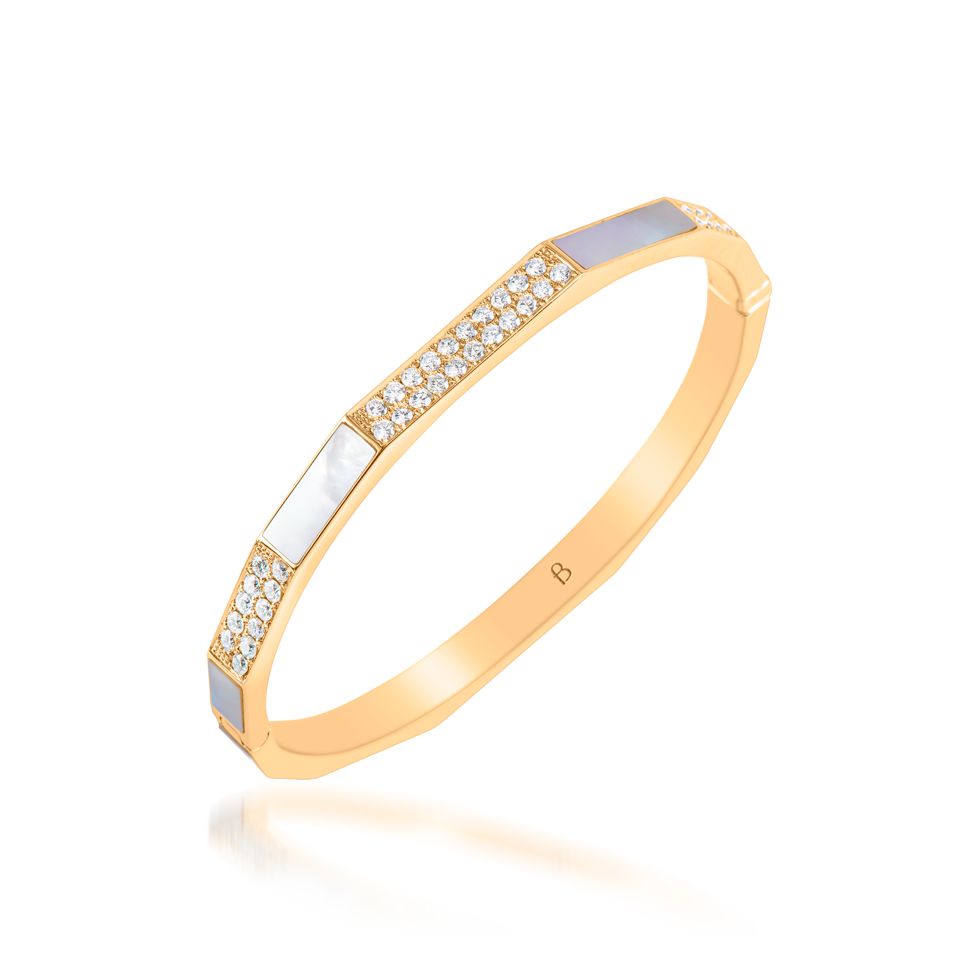 Nova Whtie Mother of Pearl and Diamond Hinged Bangle In 18K Yellow Gold