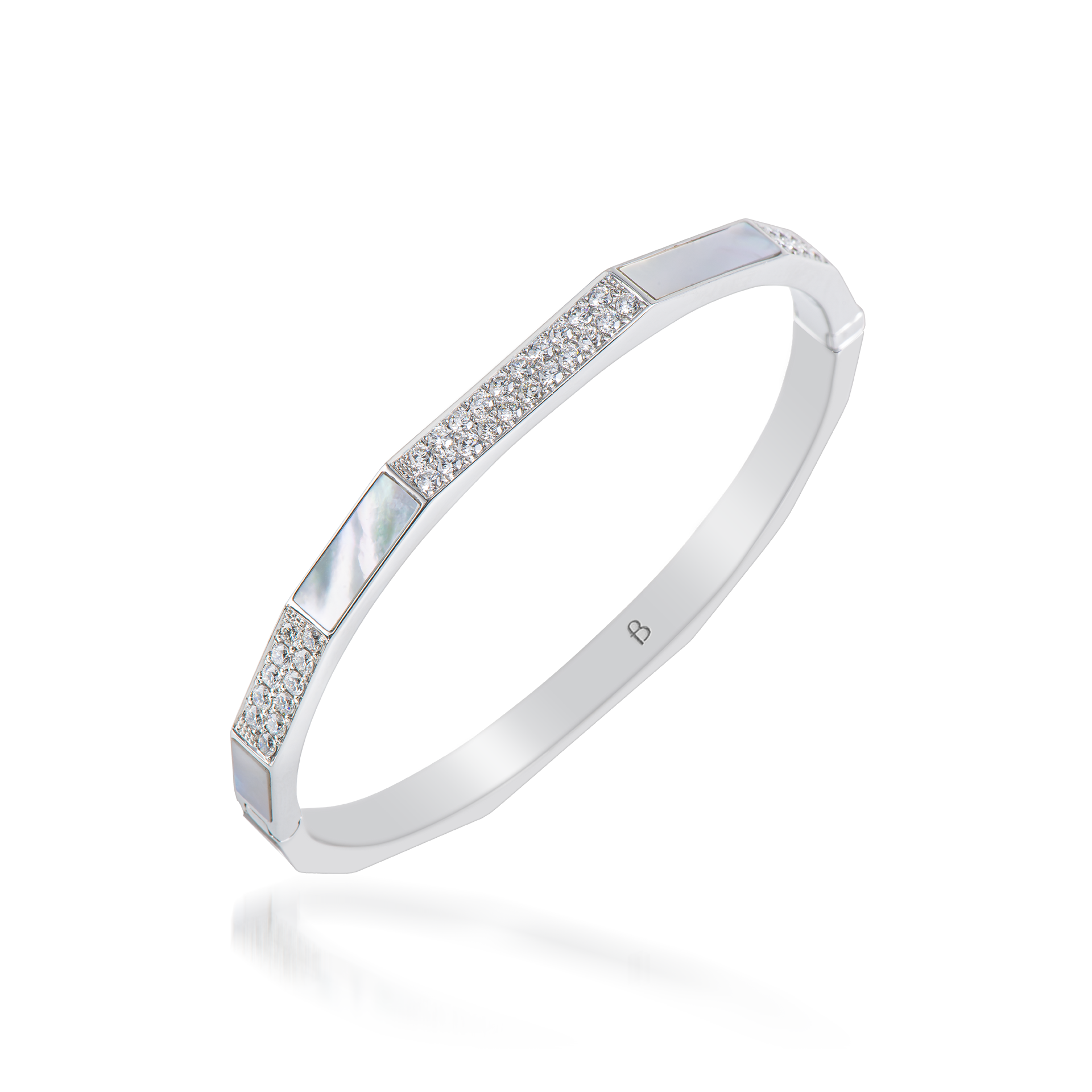 Nova White Mother of Pearl and Diamond Hinged Bangle In 18K White Gold