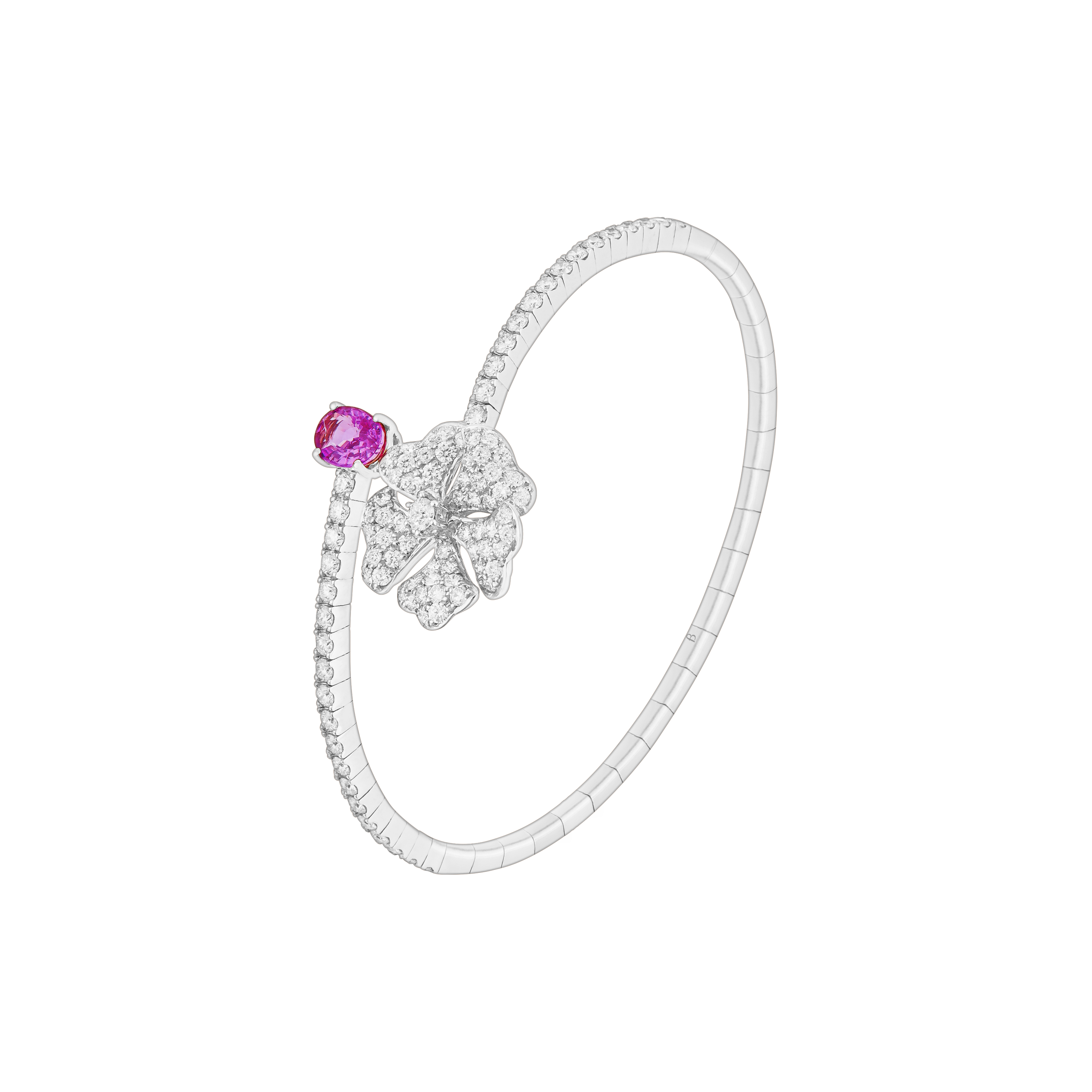Bloom Pink Sapphire and Diamond Open Spiral Bangle In 18K White Gold