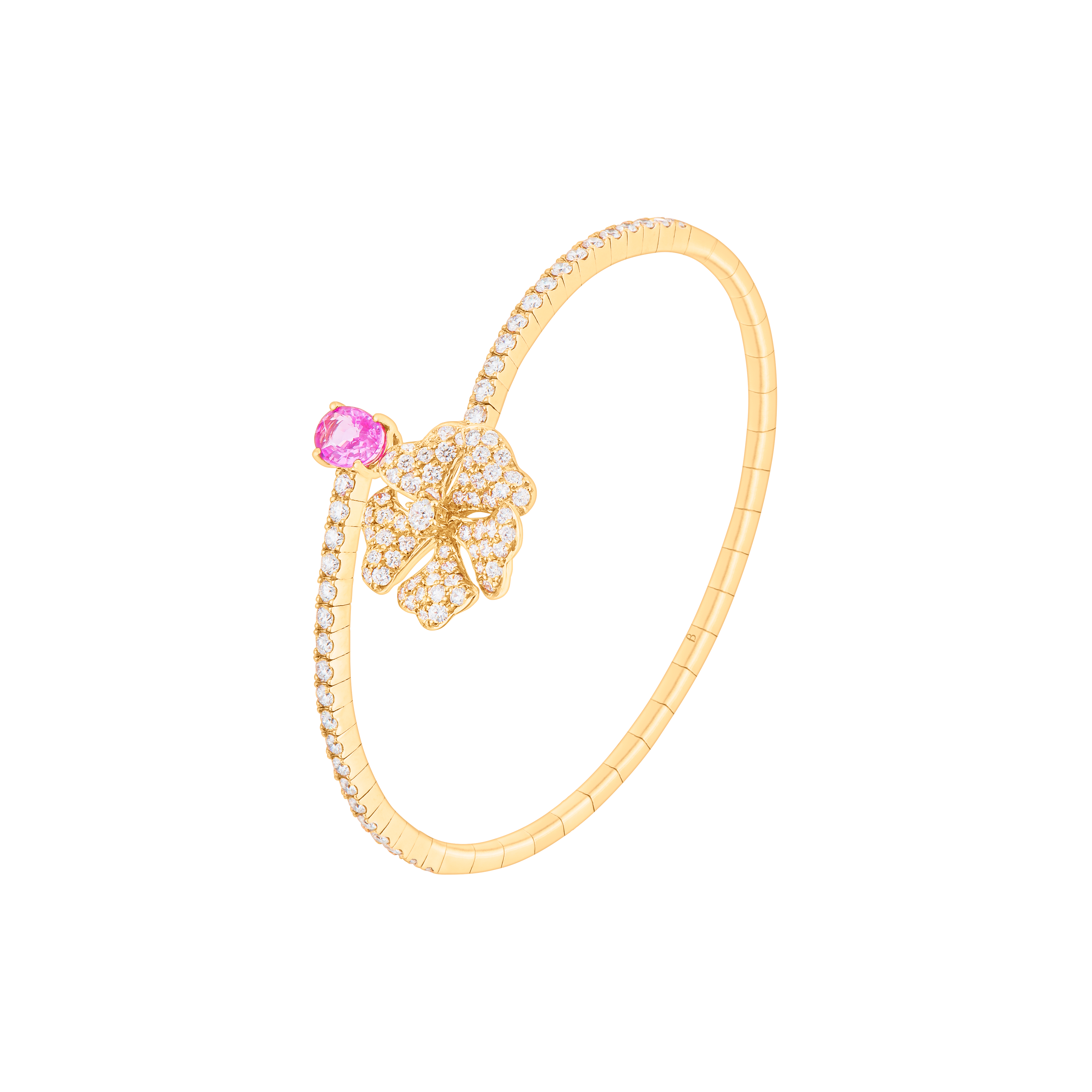 Bloom Pink Sapphire and Diamond Open Spiral Bangle In 18K Yellow Gold