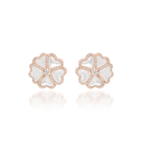 Vintage Mother-of-Pearl and Diamond Flower Earrings Set in 18k Yellow Gold