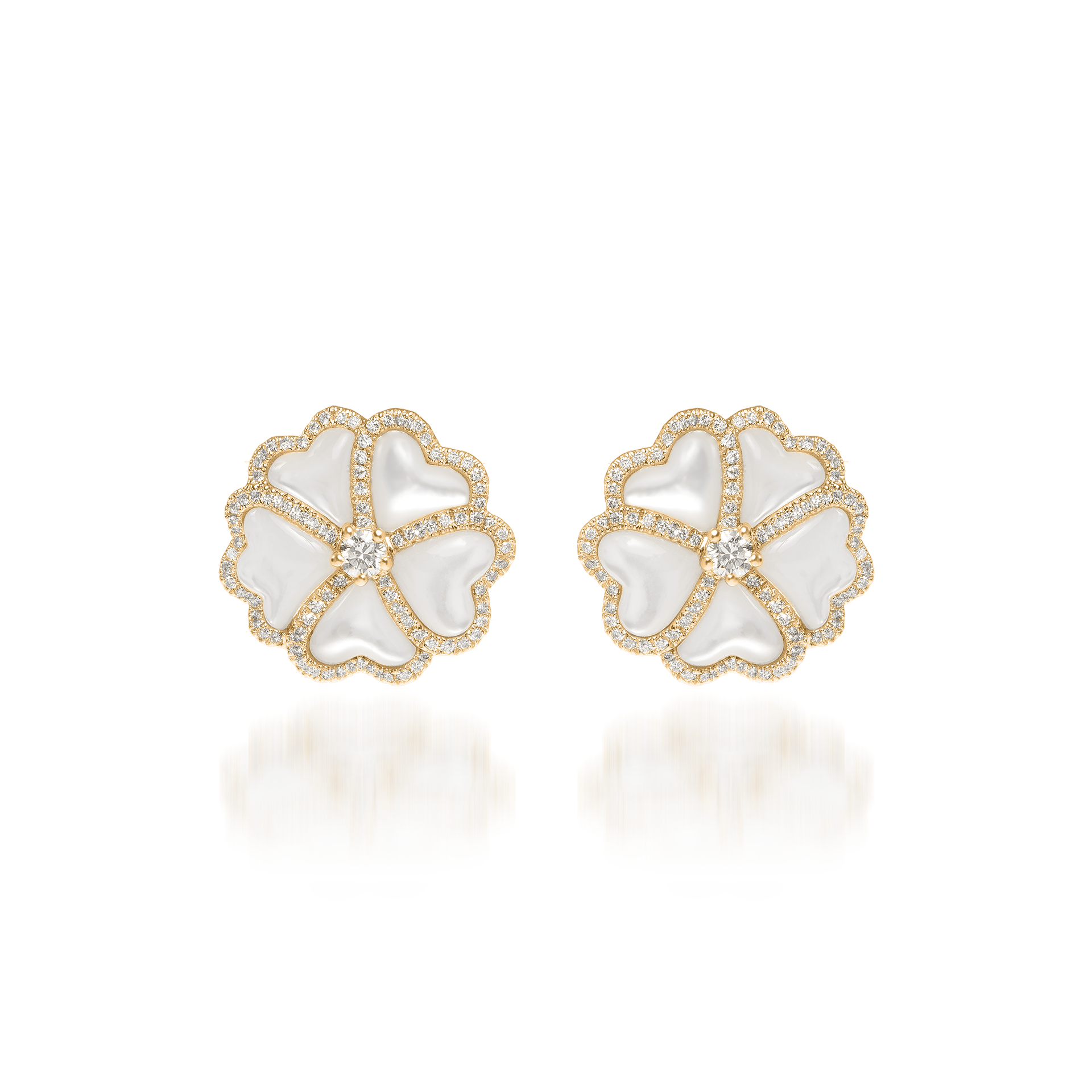 Bloom Diamond and White Mother-of-Pearl Flower Stud Earrings In 18K Yellow Gold