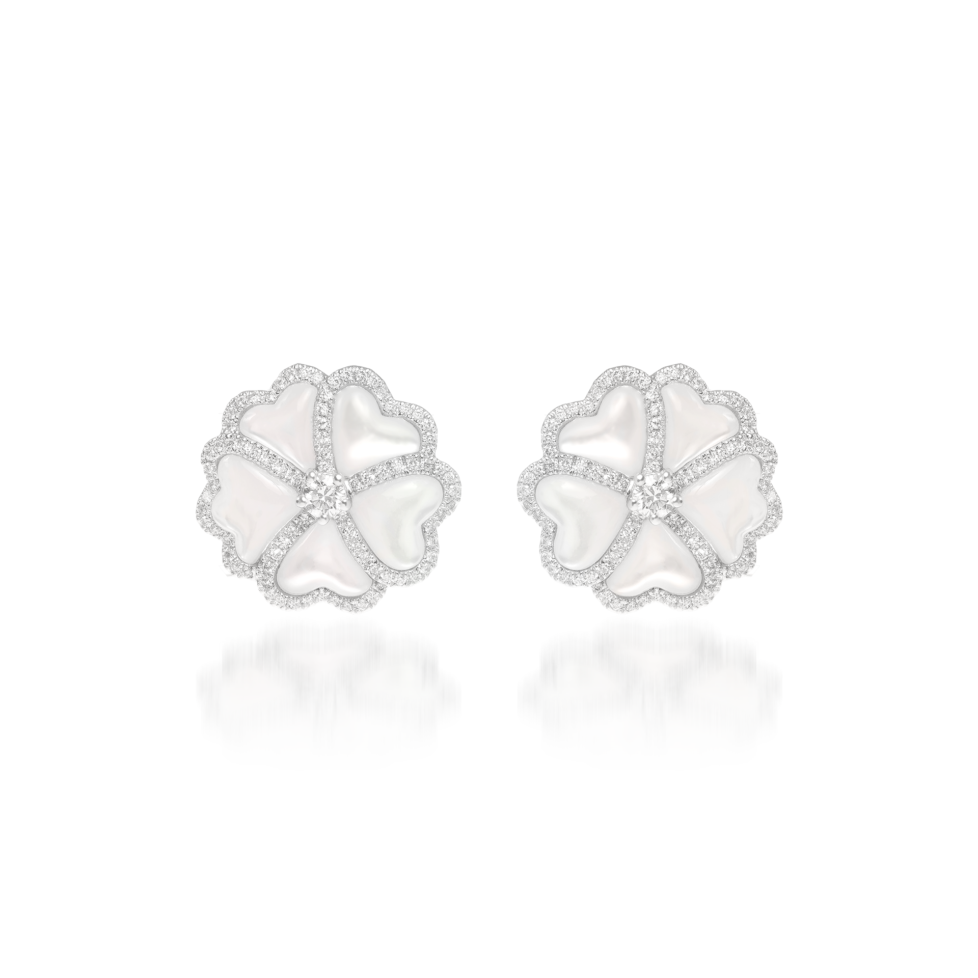 Bloom Diamond and White Mother-of-Pearl Flower Stud Earrings In 18K White Gold