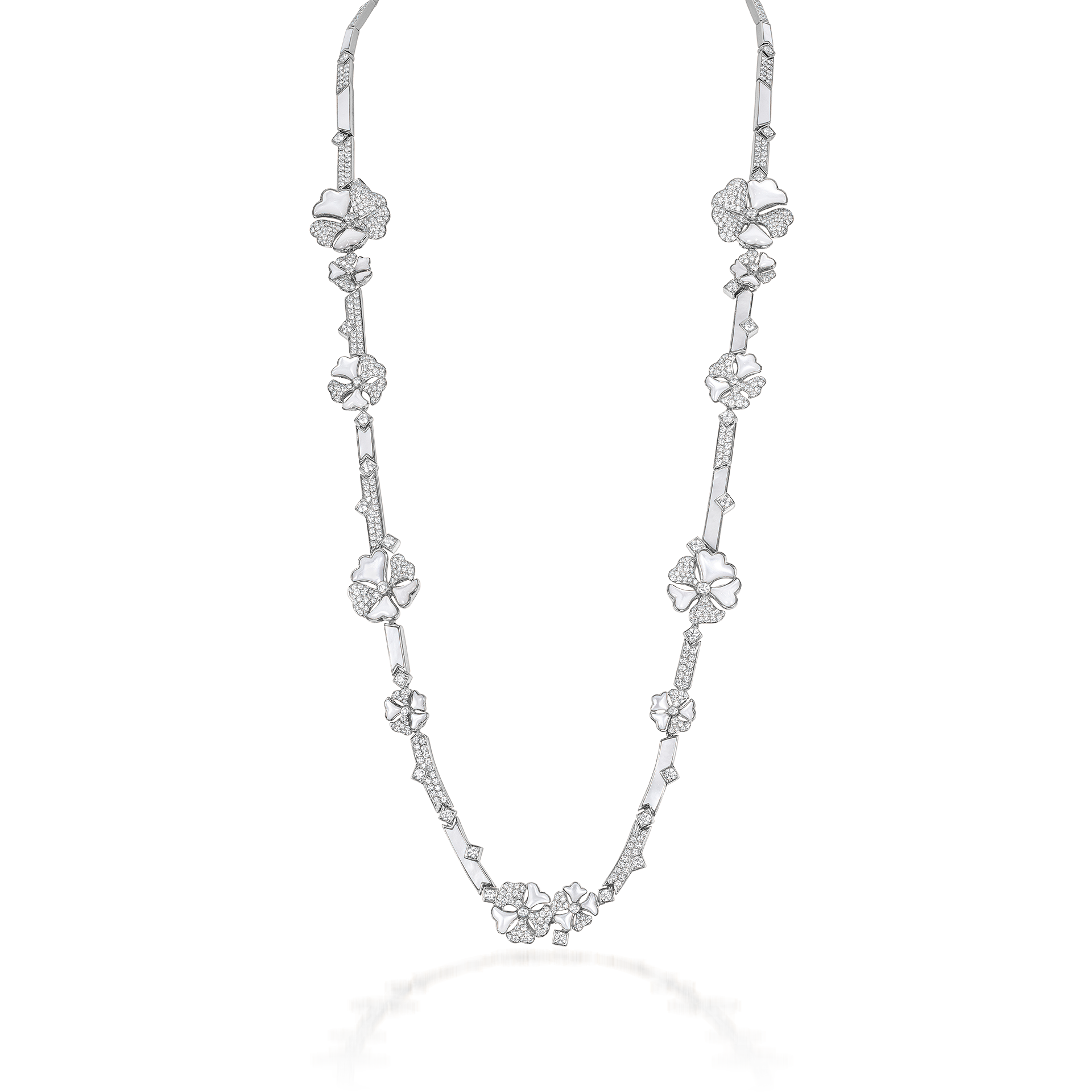 Bloom Diamond and Mother-of-Pearl Long Flower Chain In 18K White Gold