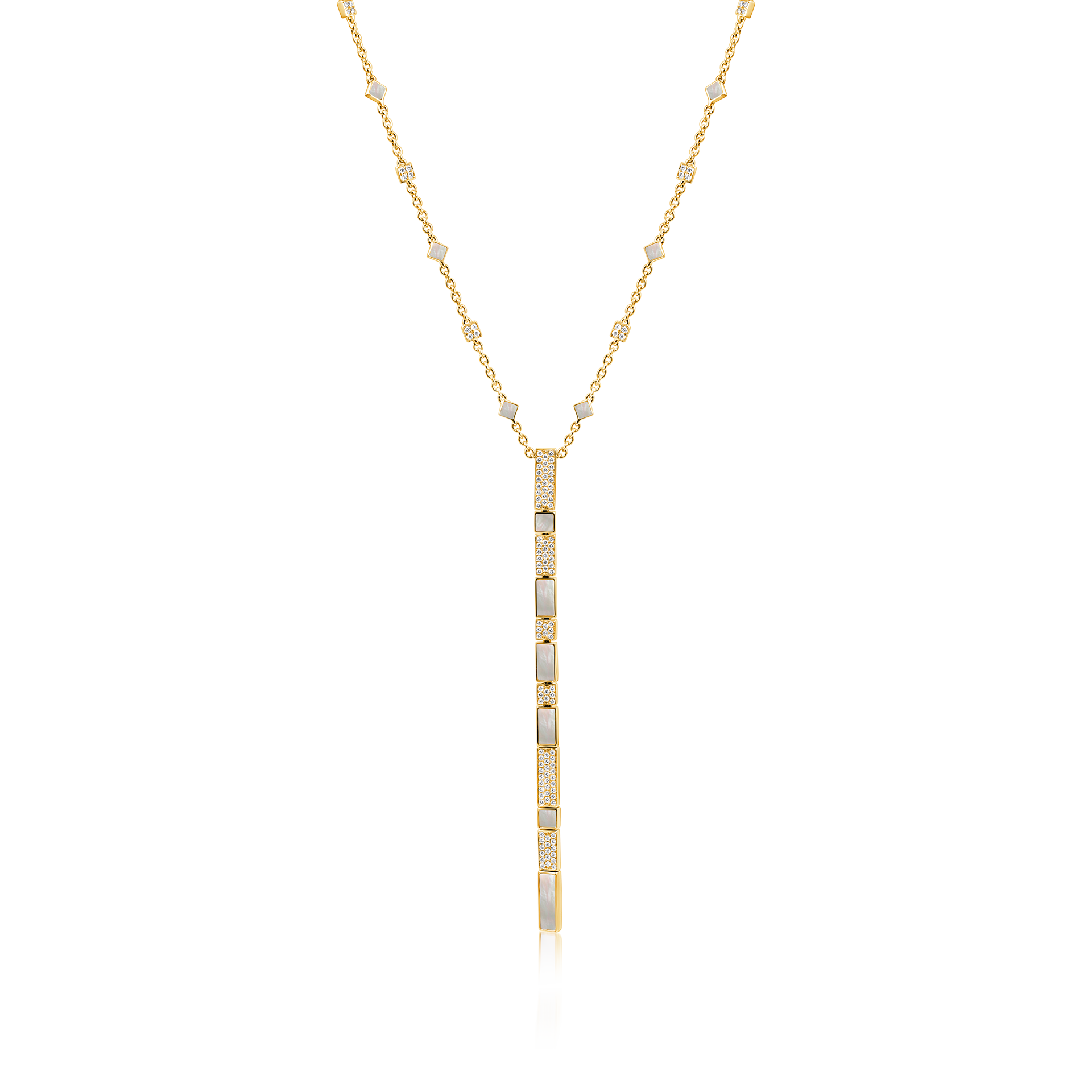 Nova White Mother of Pearl and Diamond Slim Cascade Long Chain Pendant In 18K Yellow Gold