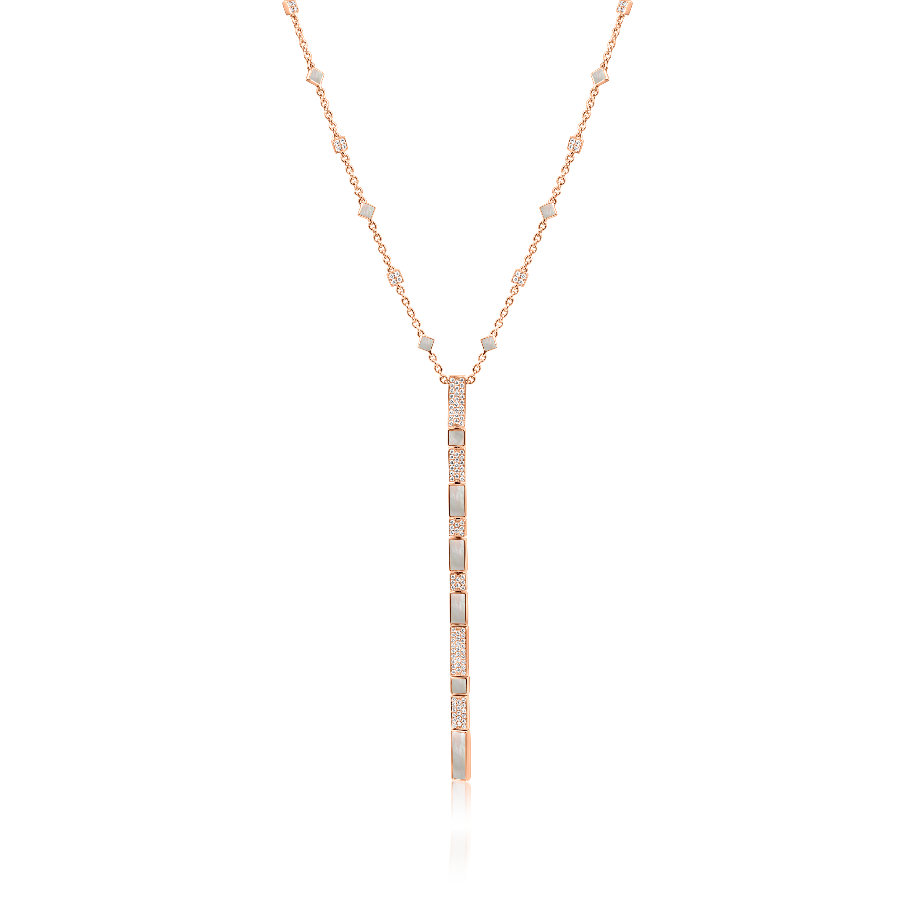 Nova White Mother of Pearl and Diamond Slim Cascade Long Chain Pendant In 18K Rose Gold