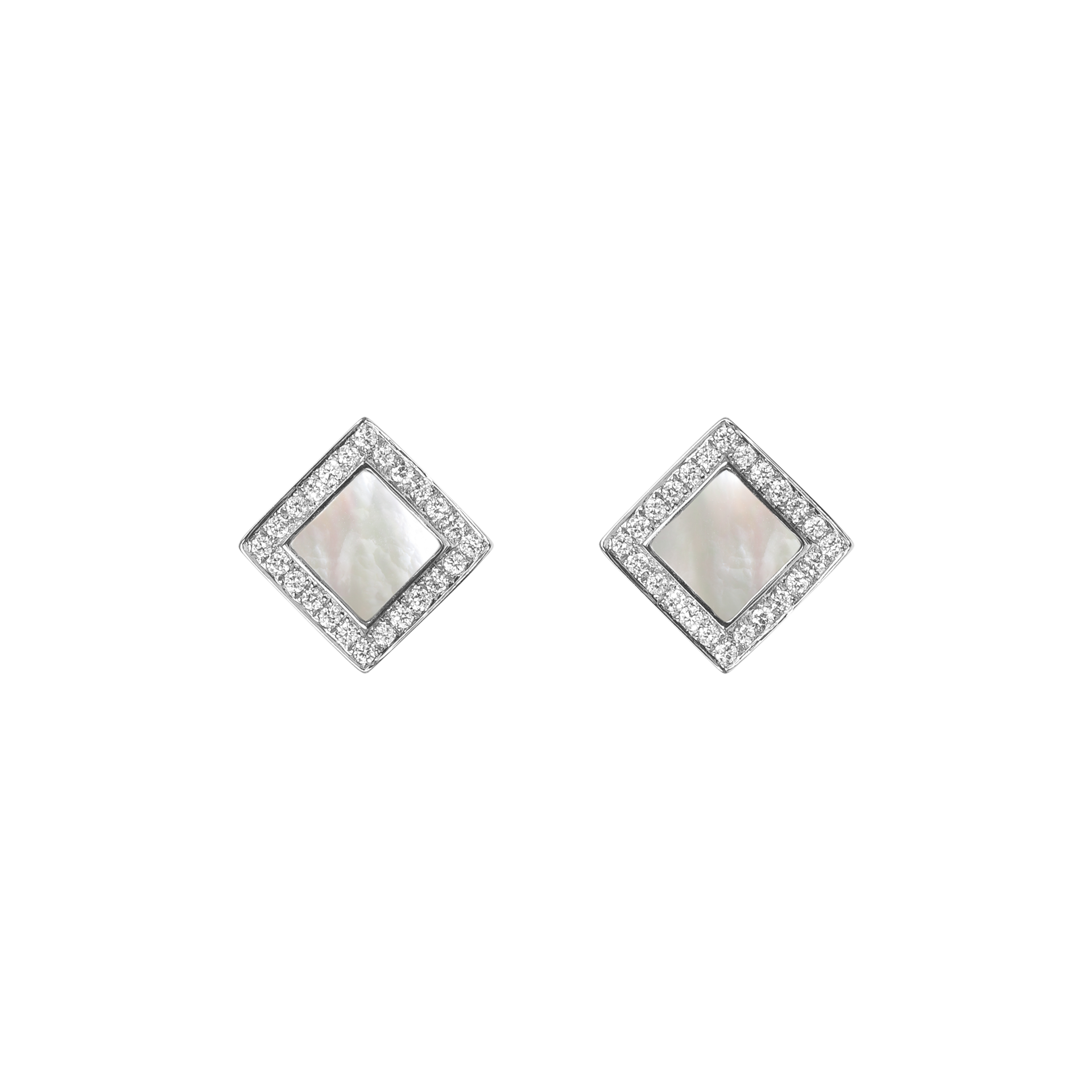 Nova Diamond and White Mother of Pearl Quadratic Stud Earrings In 18K White Gold