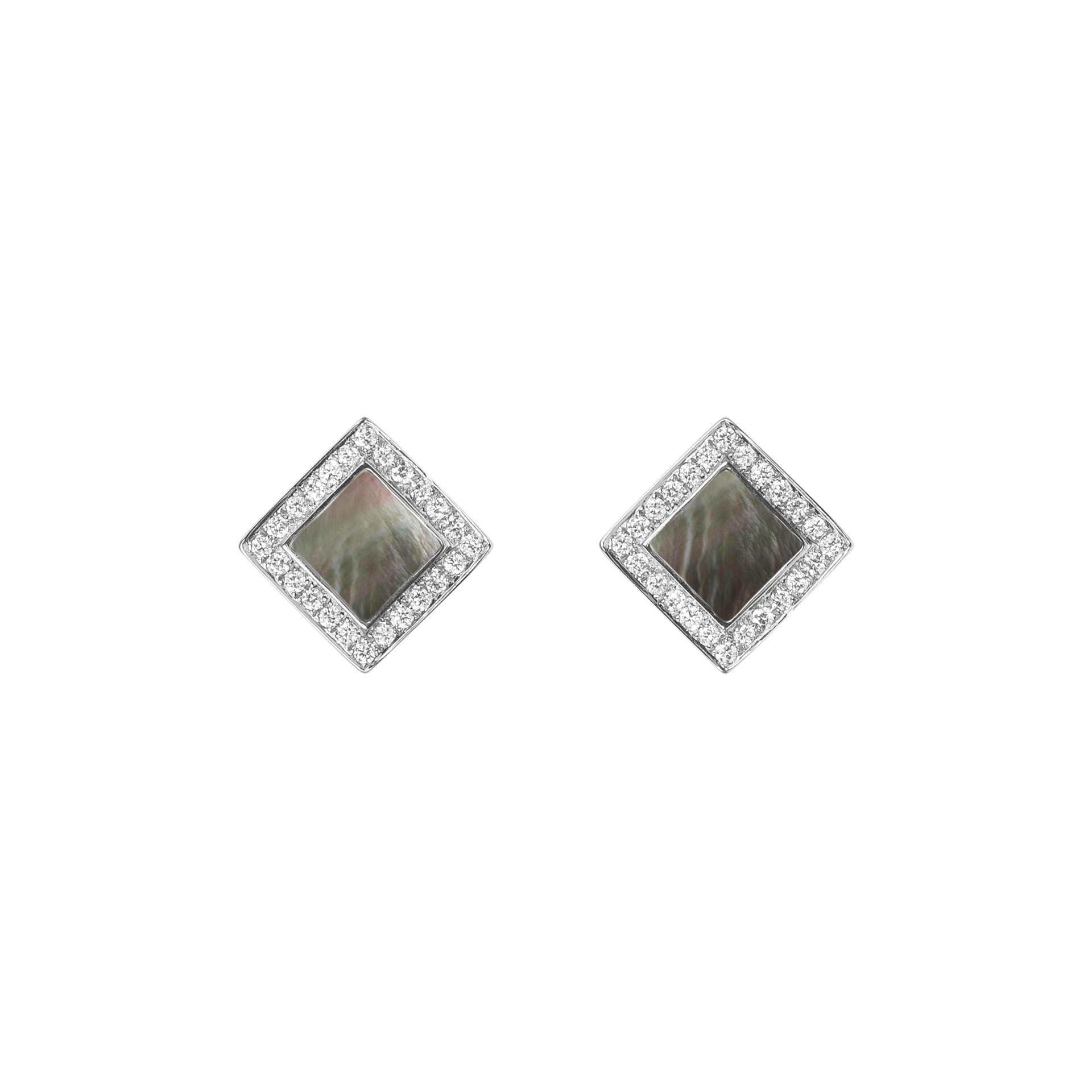 Nova Diamond and Grey Mother of Pearl  Quadratic Stud Earrings In 18K White Gold