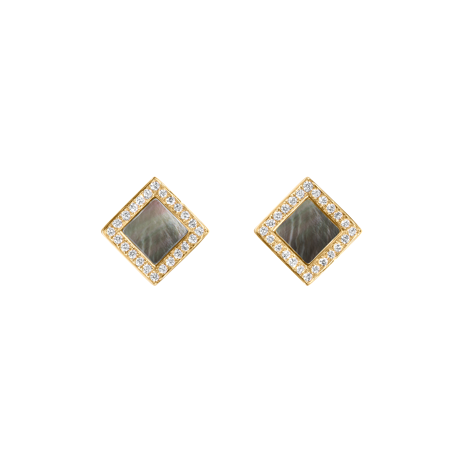 Nova Diamond and Grey Mother of Pearl Quadratic Stud Earrings In 18K Yellow Gold