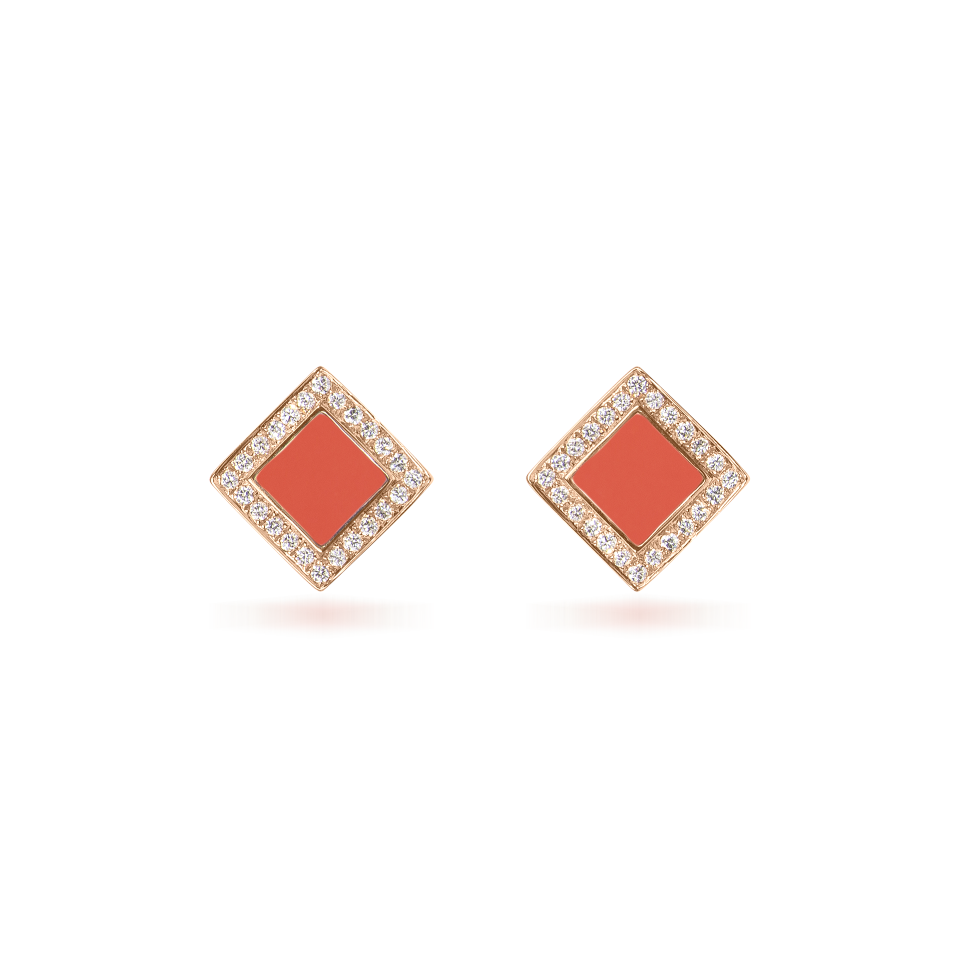 Nova Diamond and Orange Coral  Quadratic Stud Earrings In 18K Rose Gold