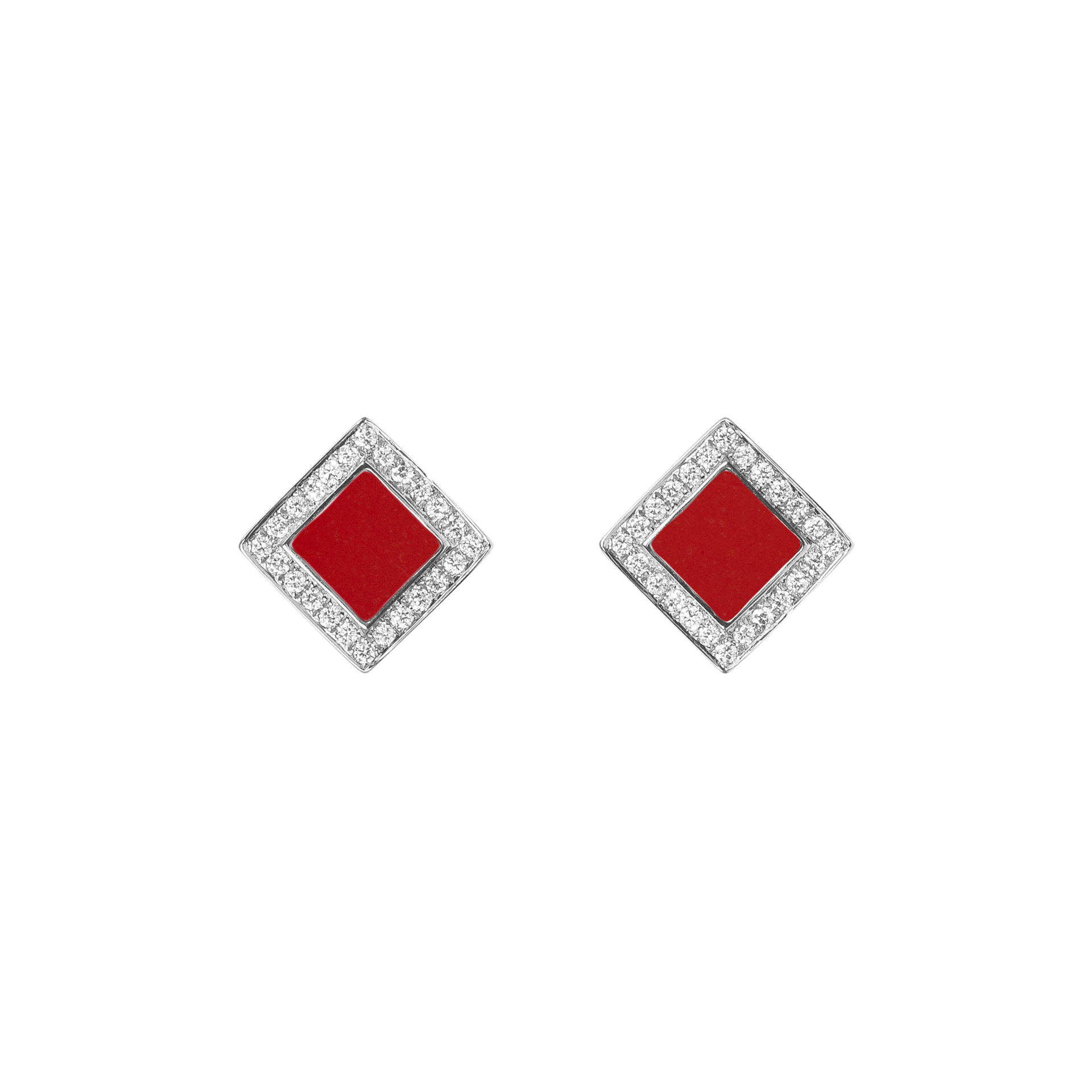 Nova Diamond and Red Coral Quadratic Stud Earrings In 18K White Gold