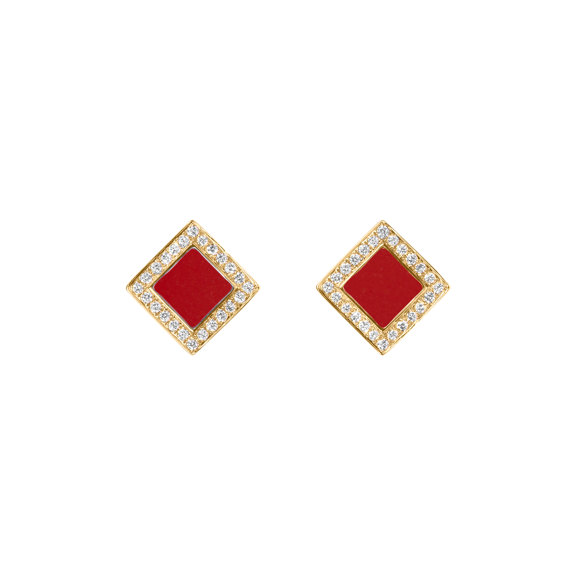 Nova Diamond and Red Coral Quadratic Stud Earrings In 18K Yellow Gold