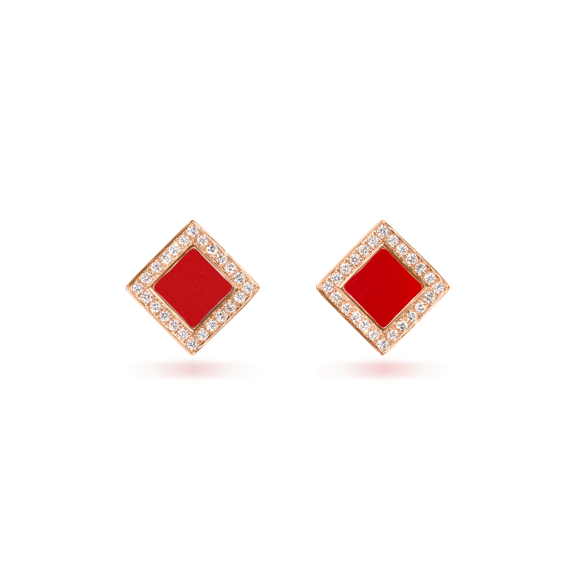 Nova Diamond and Red Coral Quadratic Stud Earrings In 18K Rose Gold
