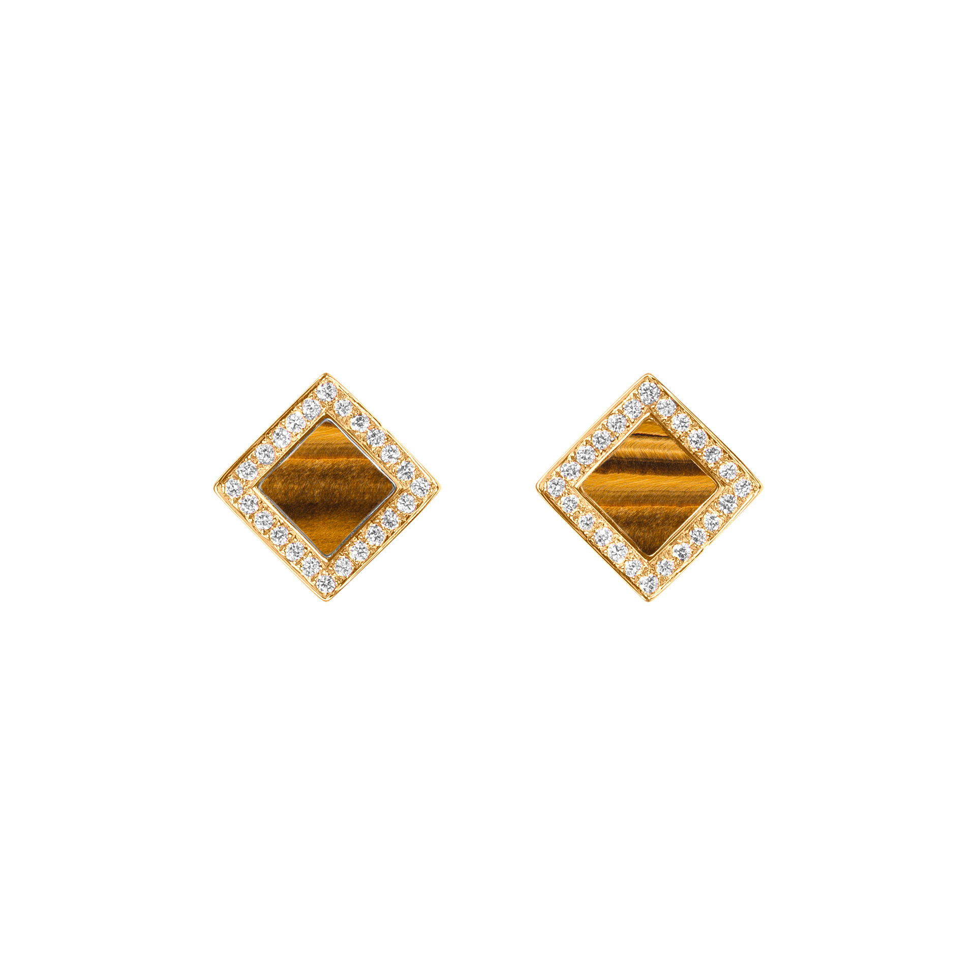 Nova Diamond and Tiger Eye Quadratic Stud Earrings In 18K Yellow Gold