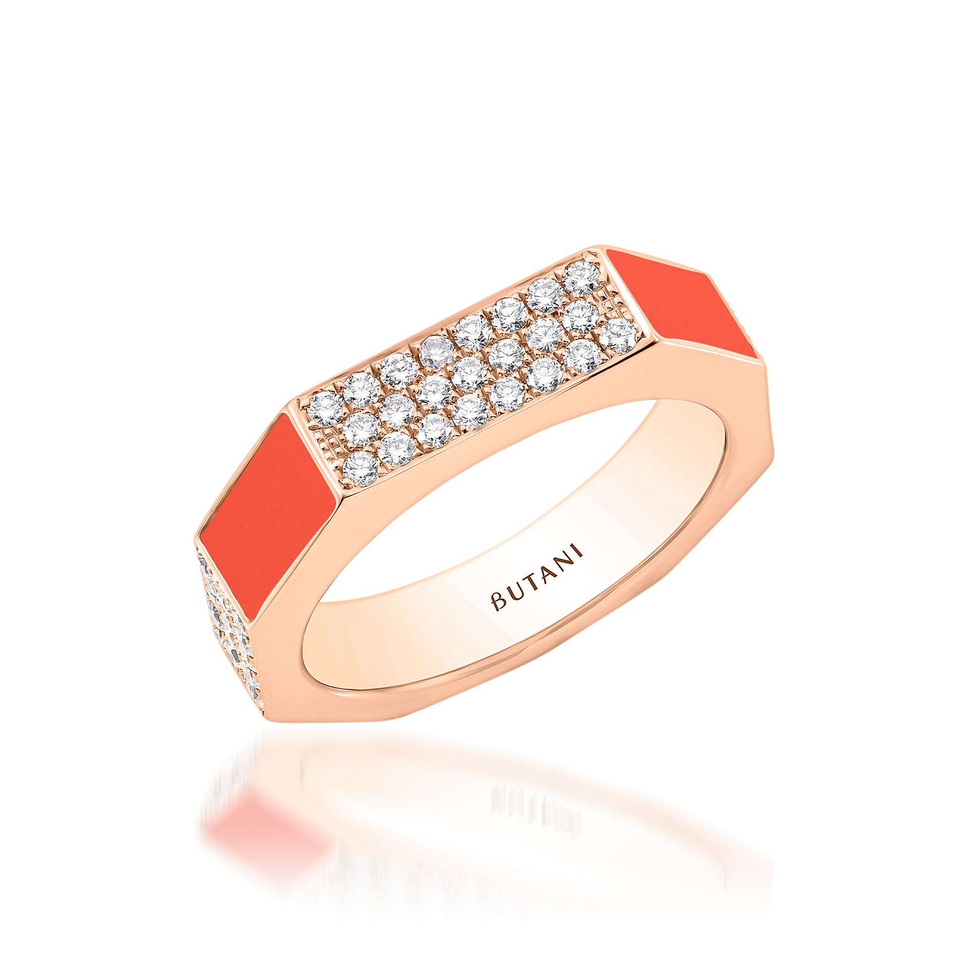 Nova Wide Orange Coral & Diamond Ring In 18K Rose Gold