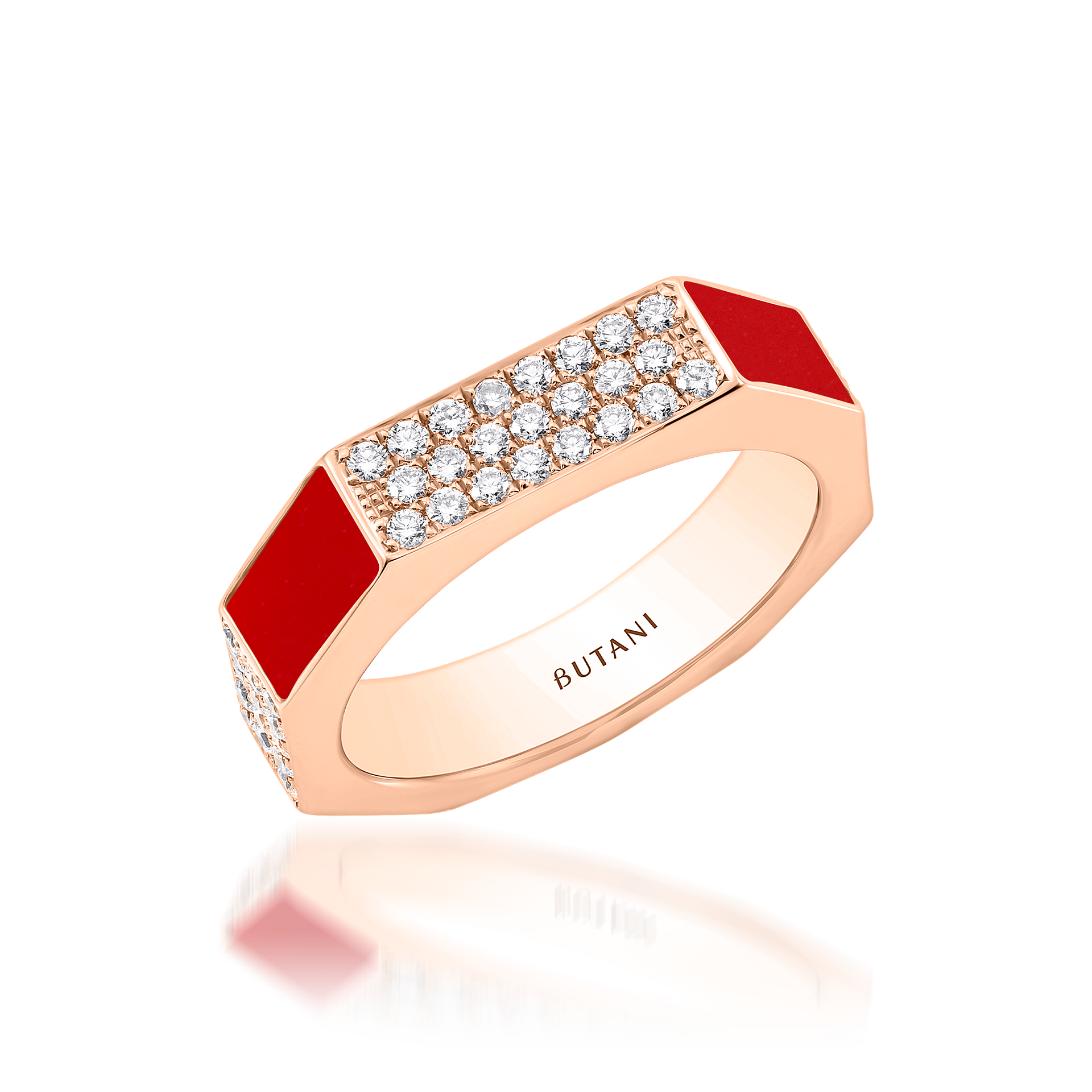 Nova Wide Red Coral & Diamond Ring In 18K Rose Gold