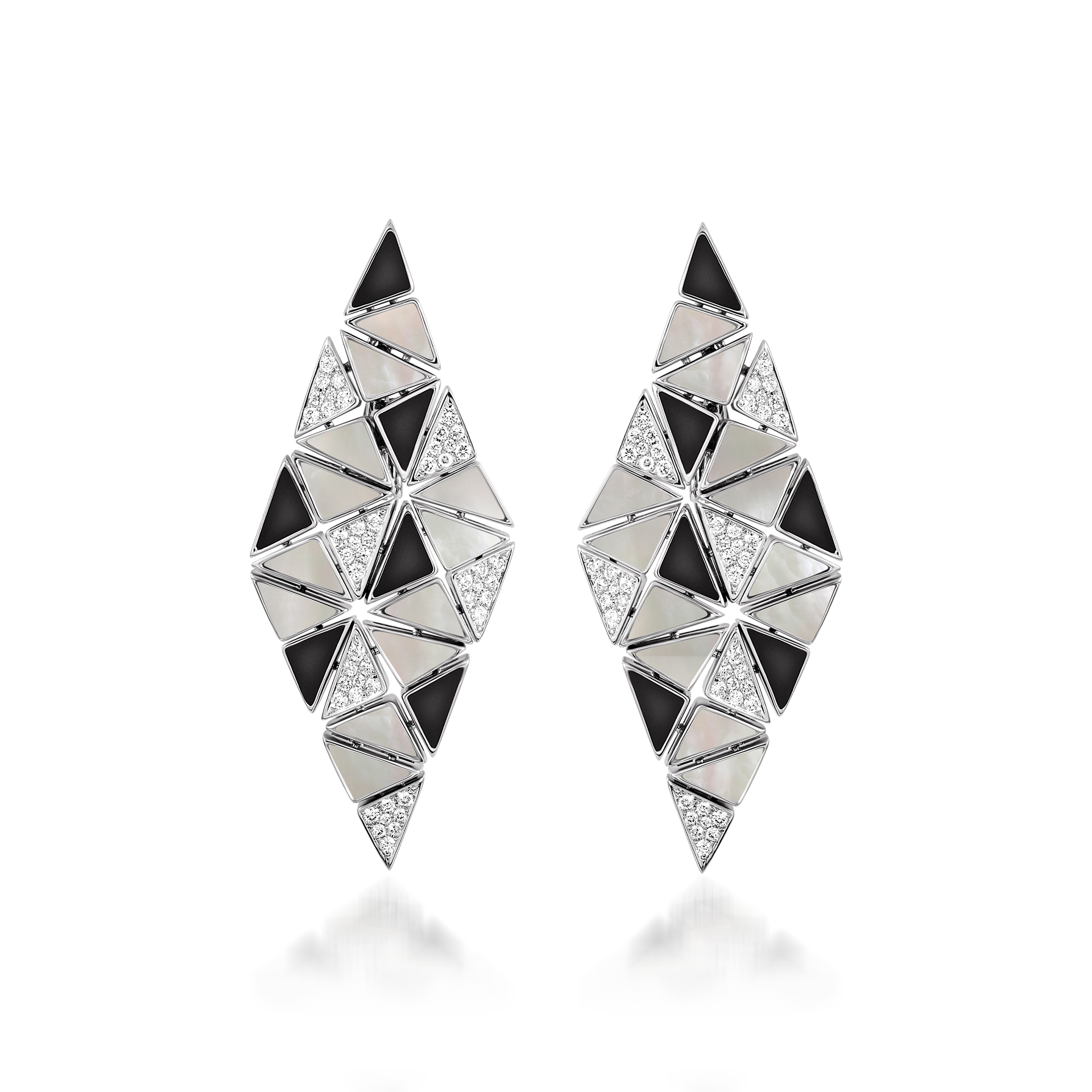 Deco Cinch Earrings with Black Agate, White Mother of Pearl and Diamonds In 18K White Gold