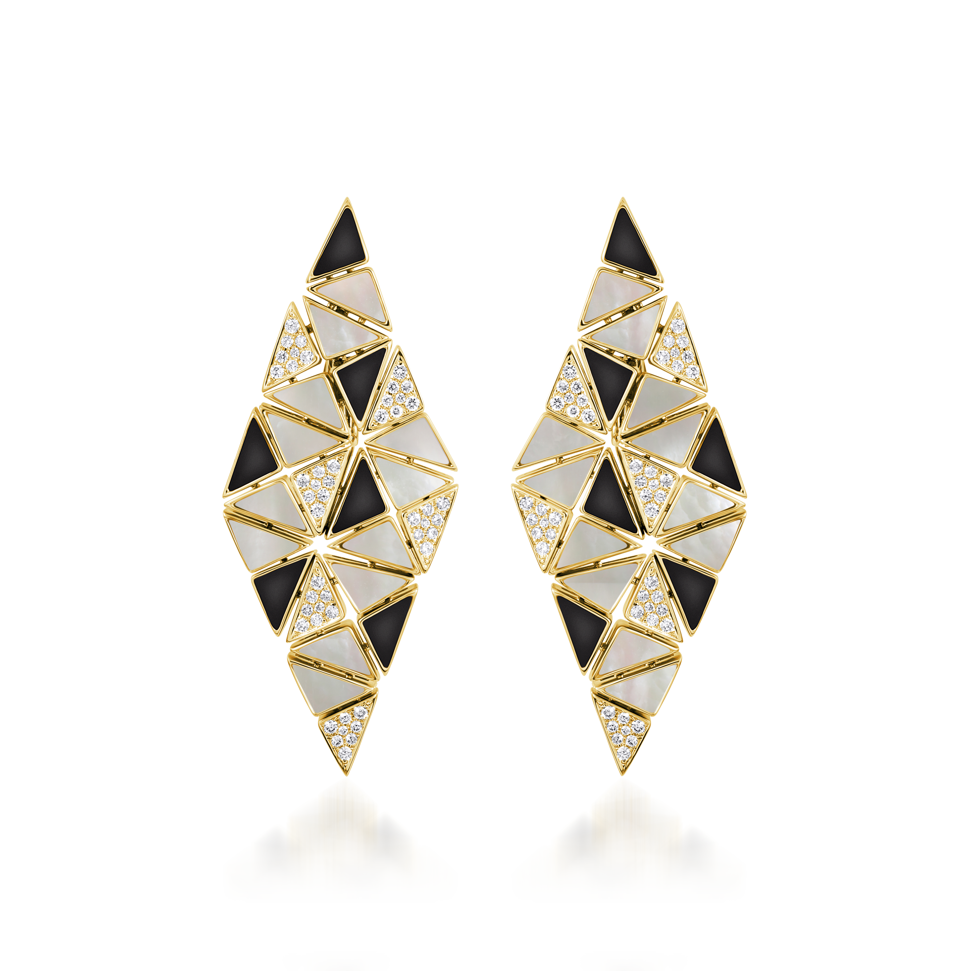 Deco Cinch Earrings with Black Agate, White Mother of Pearl and Diamonds In 18K Yellow Gold