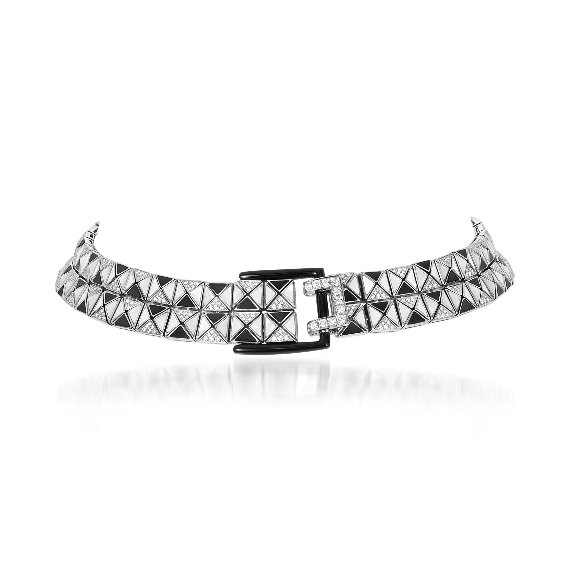 Deco Cinch Choker with Black Agate, White Mother of Pearl and Diamonds In 18K White Gold