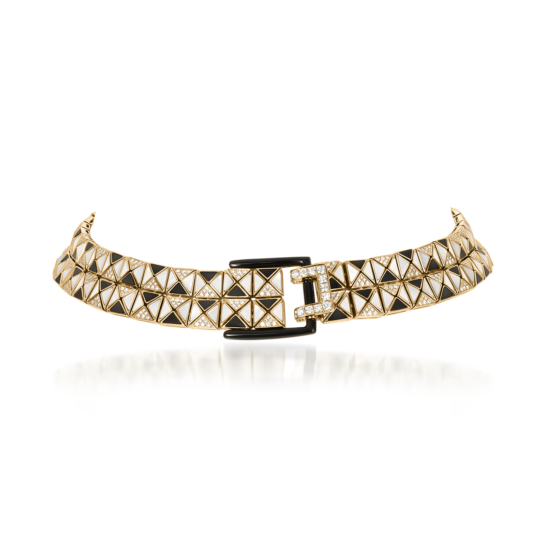 Deco Cinch Choker with Black Agate, White Mother of Pearl and Diamonds In 18K Yellow Gold
