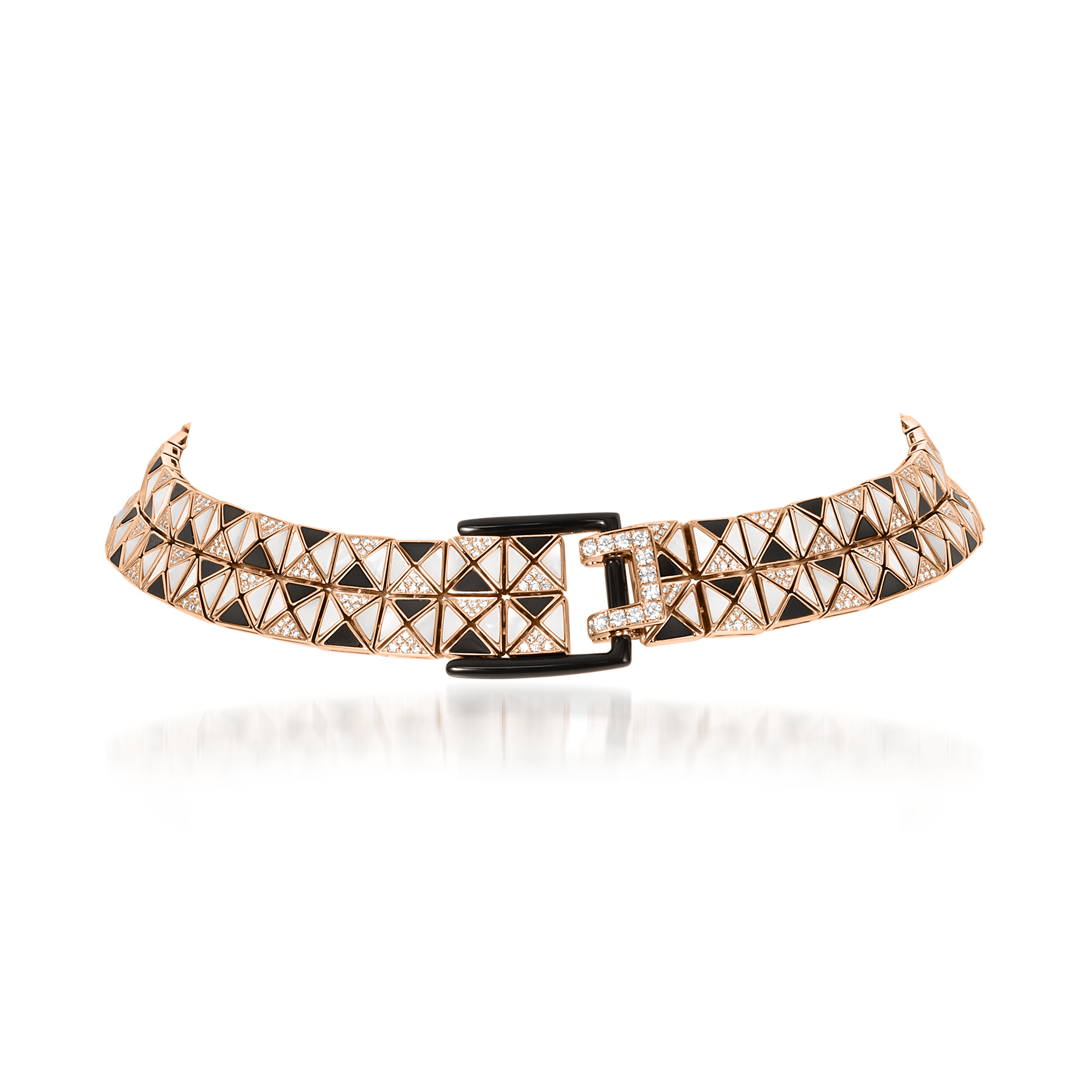 Deco Cinch Choker with Black Agate, White Mother of Pearl and Diamonds In 18K Rose Gold