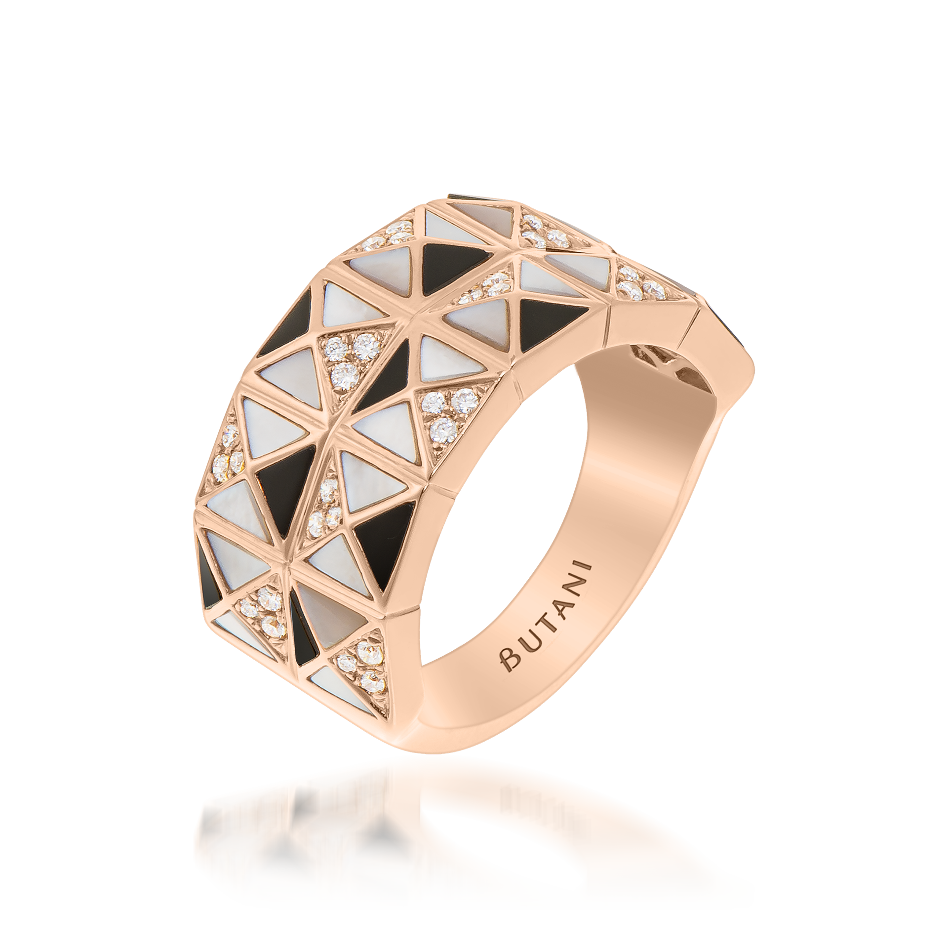 Deco Cinch Ring with Onyx, White Mother of Pearl & Diamonds In 18K Rose Gold