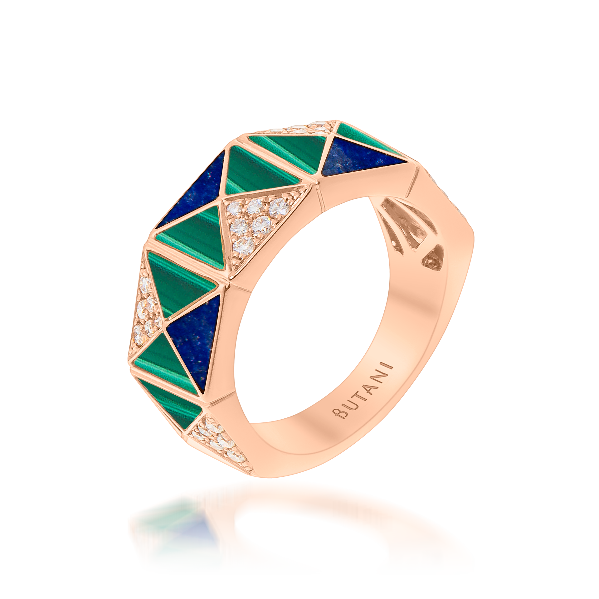 Deco Ophidia ring with Lapis Lazuli, Malachite & Diamonds in 18K Rose Gold