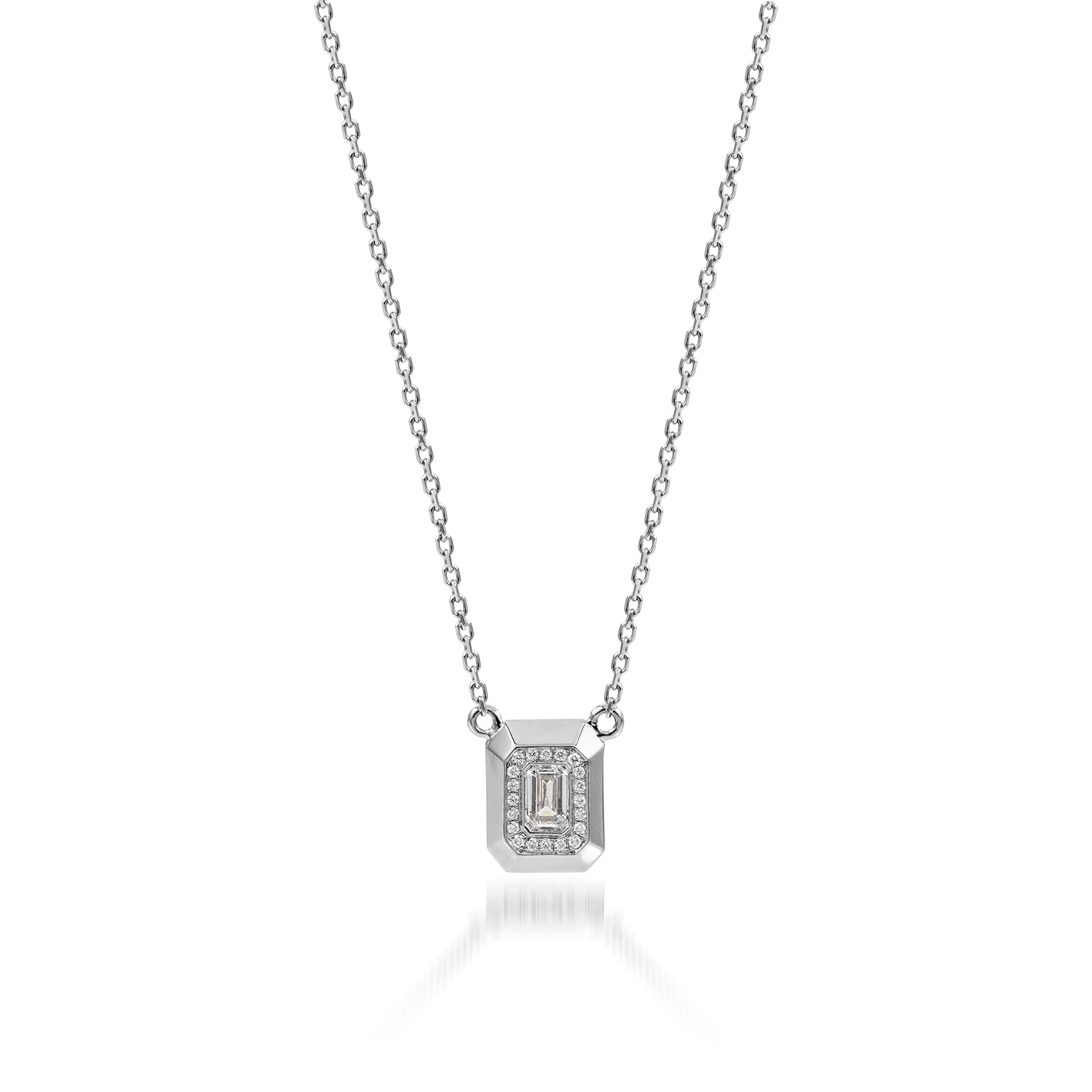 Metropolitan Emerald-cut Diamond Halo Necklace In 18K White Gold